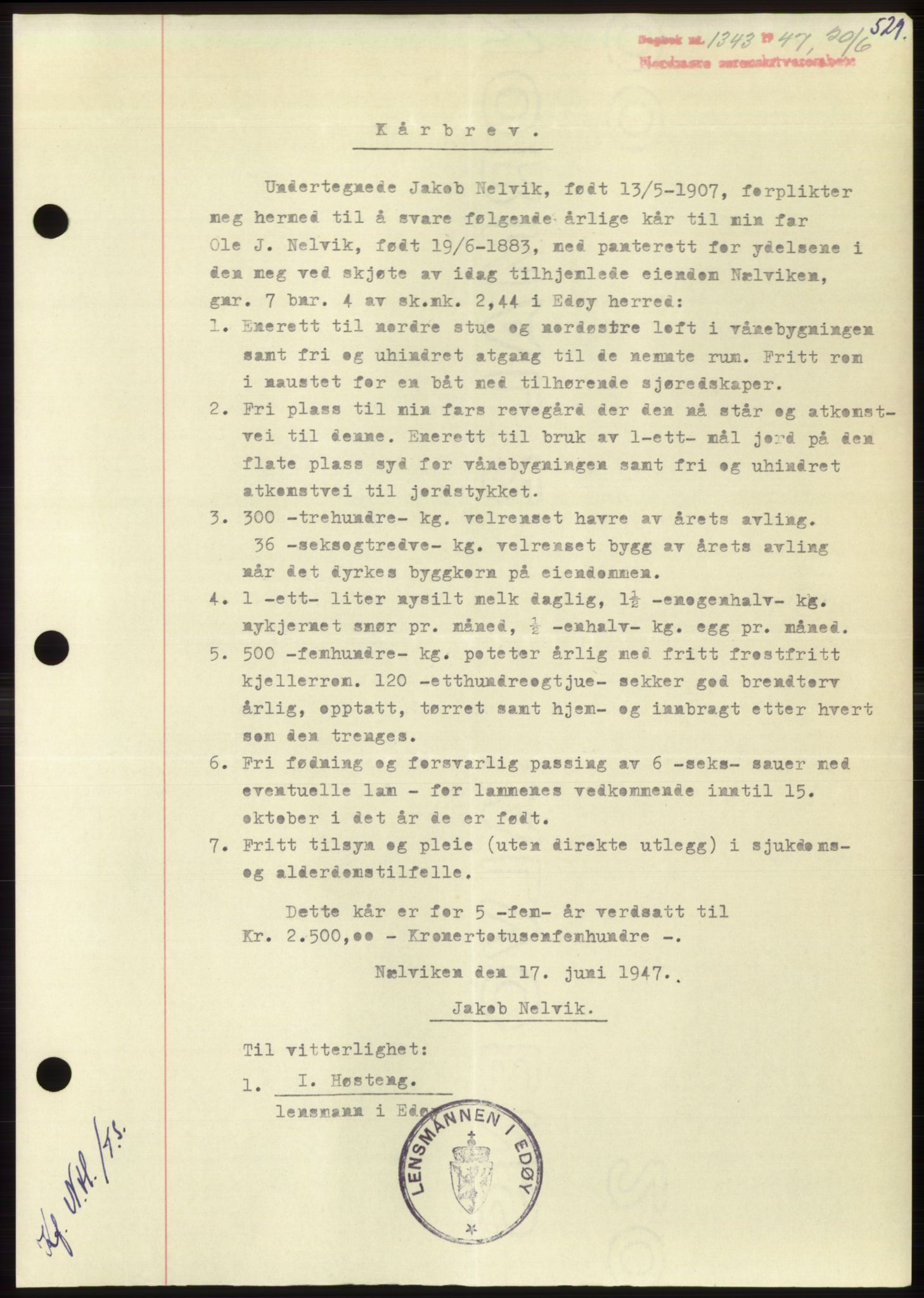 Nordmøre sorenskriveri, SAT/A-4132/1/2/2Ca: Pantebok nr. B96, 1947-1947, Dagboknr: 1343/1947