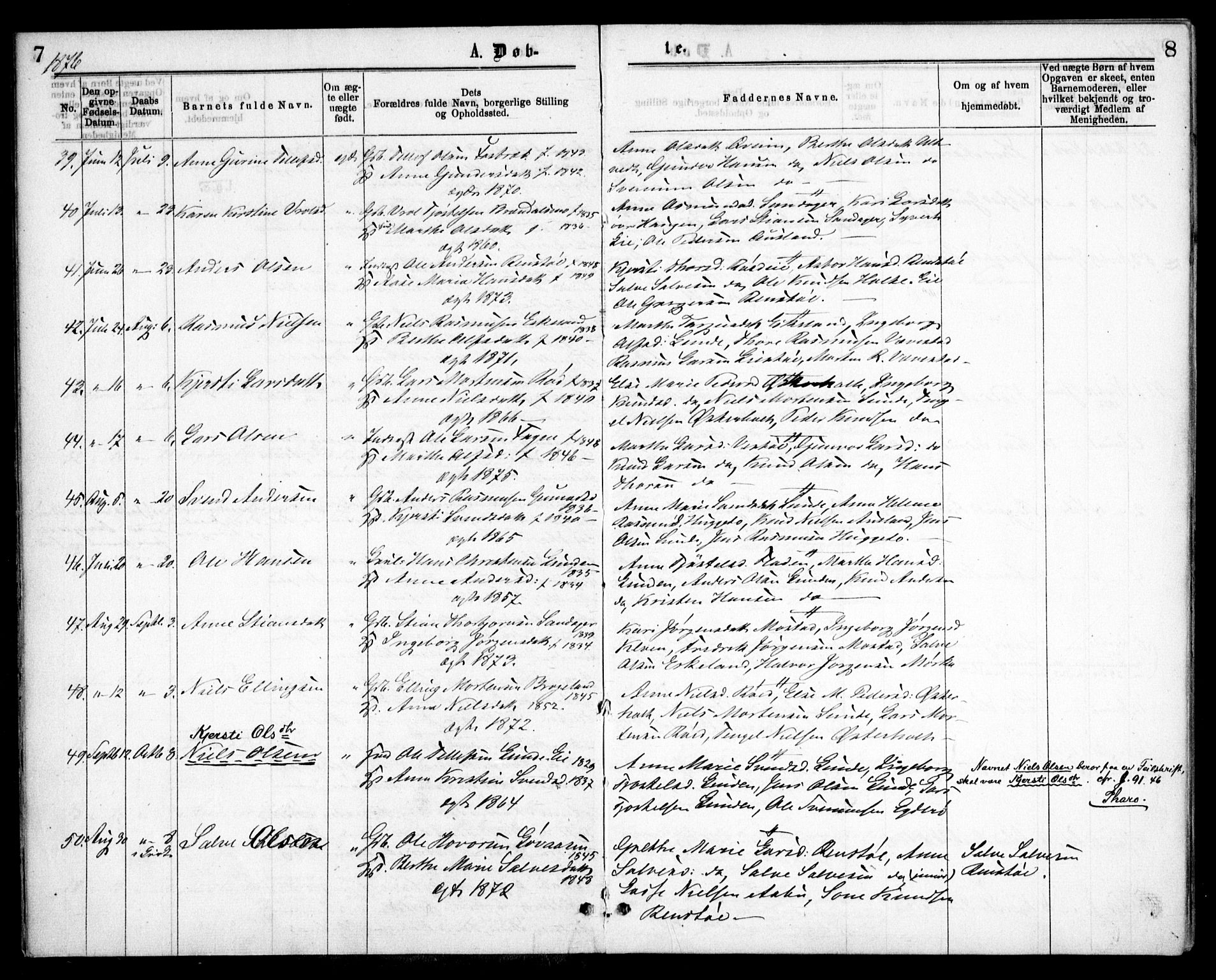 Gjerstad sokneprestkontor, AV/SAK-1111-0014/F/Fa/Faa/L0008: Ministerialbok nr. A 8, 1876-1884, s. 7-8