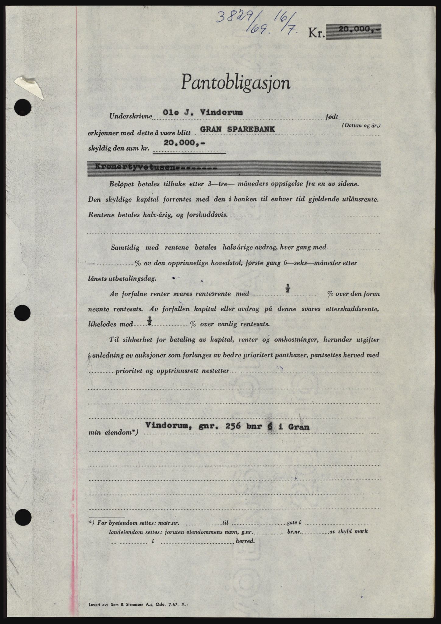 Hadeland og Land tingrett, SAH/TING-010/H/Hb/Hbc/L0074: Pantebok nr. B74, 1969-1969, Dagboknr: 3829/1969