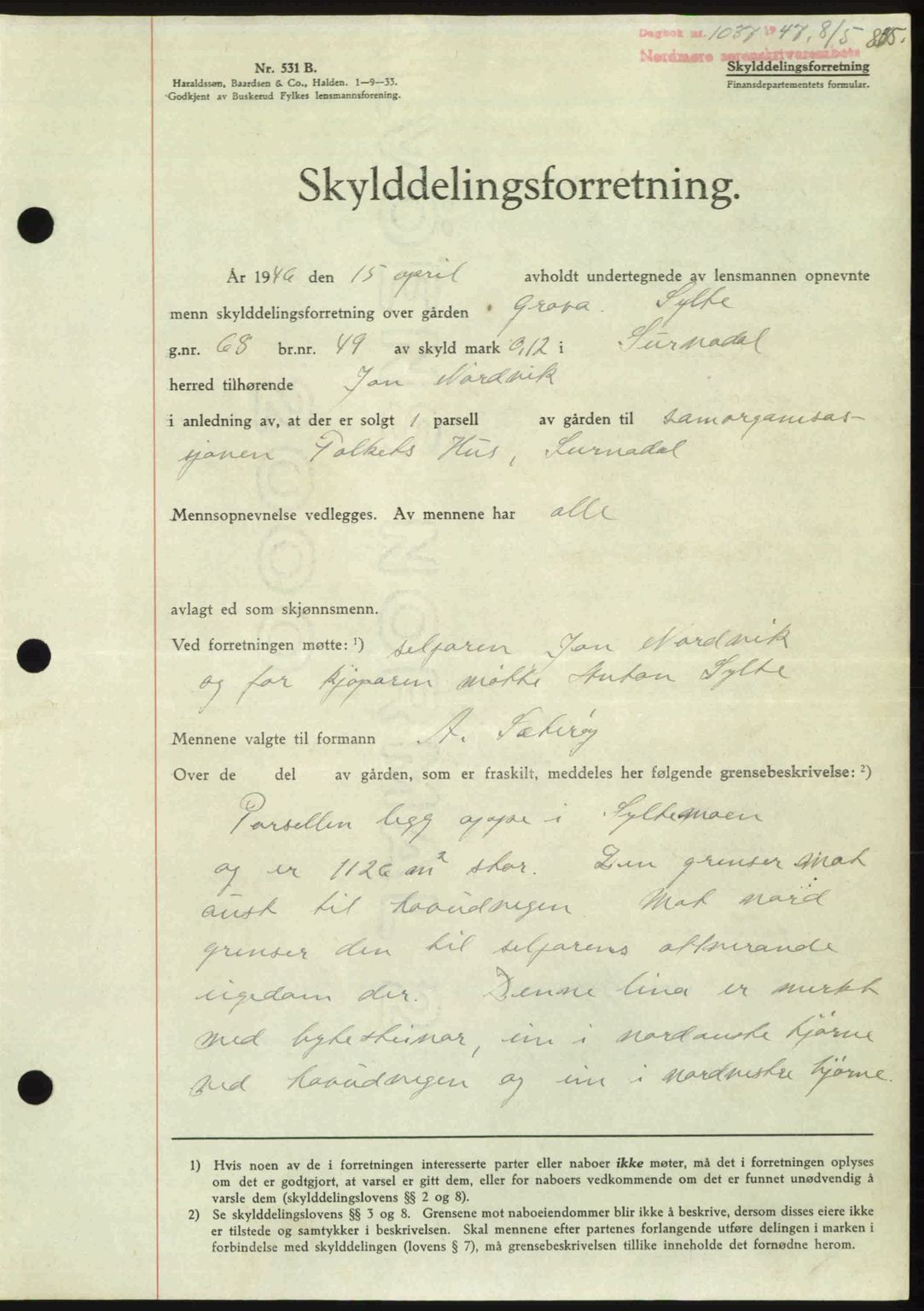 Nordmøre sorenskriveri, SAT/A-4132/1/2/2Ca: Pantebok nr. A104, 1947-1947, Dagboknr: 1037/1947