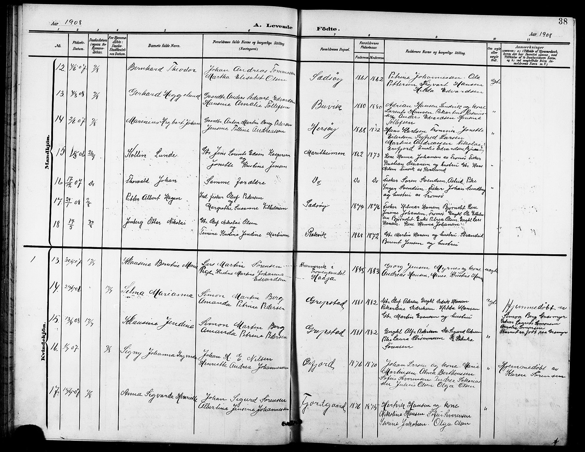 Lenvik sokneprestembete, AV/SATØ-S-1310/H/Ha/Hab/L0022klokker: Klokkerbok nr. 22, 1901-1918, s. 38