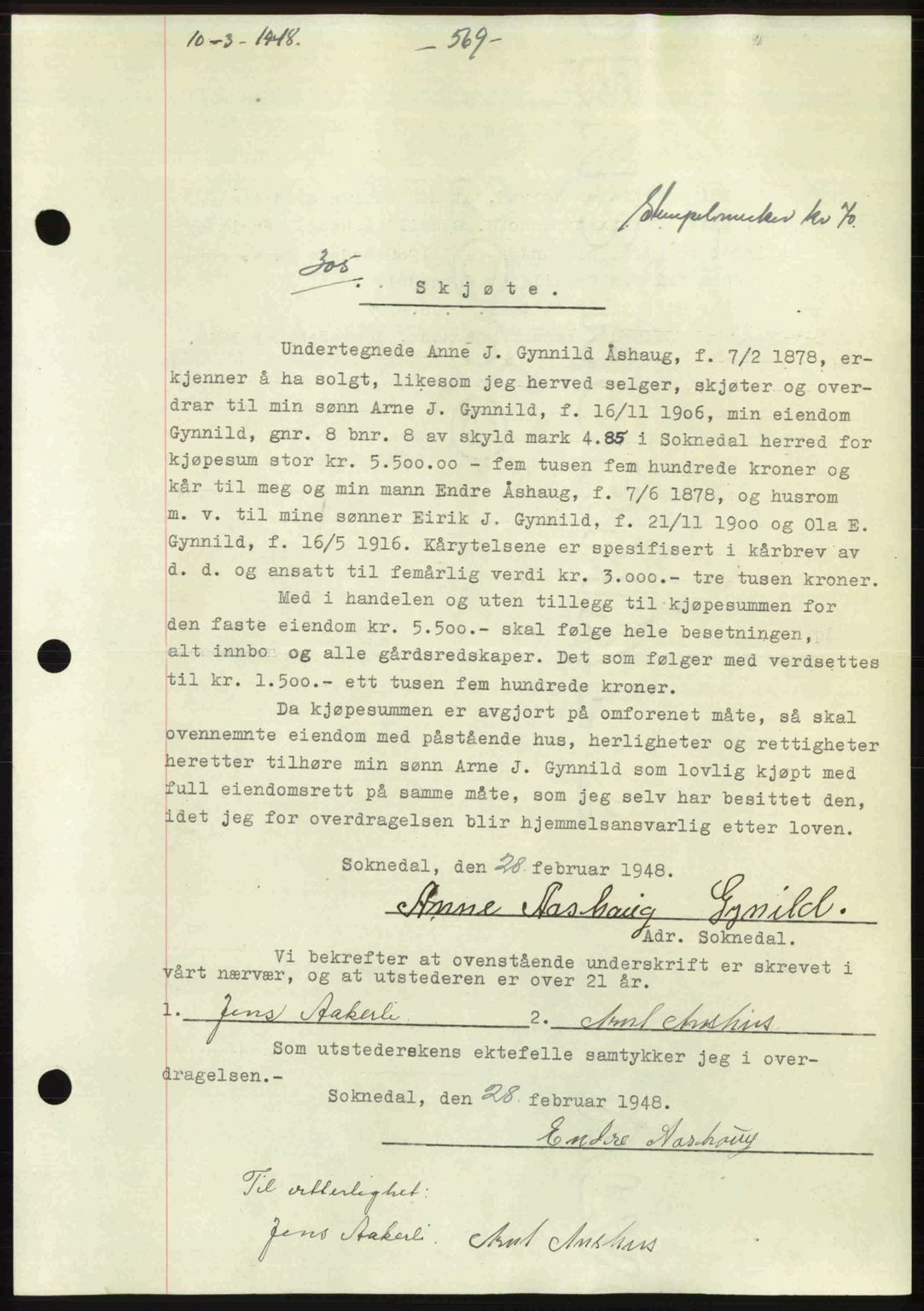 Gauldal sorenskriveri, SAT/A-0014/1/2/2C: Pantebok nr. A5, 1947-1948, Dagboknr: 305/1948