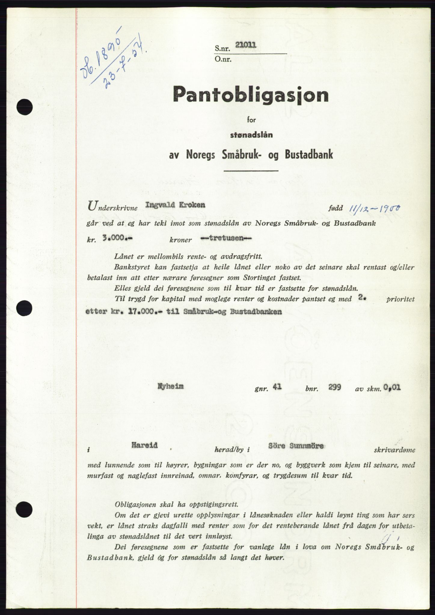 Søre Sunnmøre sorenskriveri, SAT/A-4122/1/2/2C/L0125: Pantebok nr. 13B, 1954-1954, Dagboknr: 1895/1954