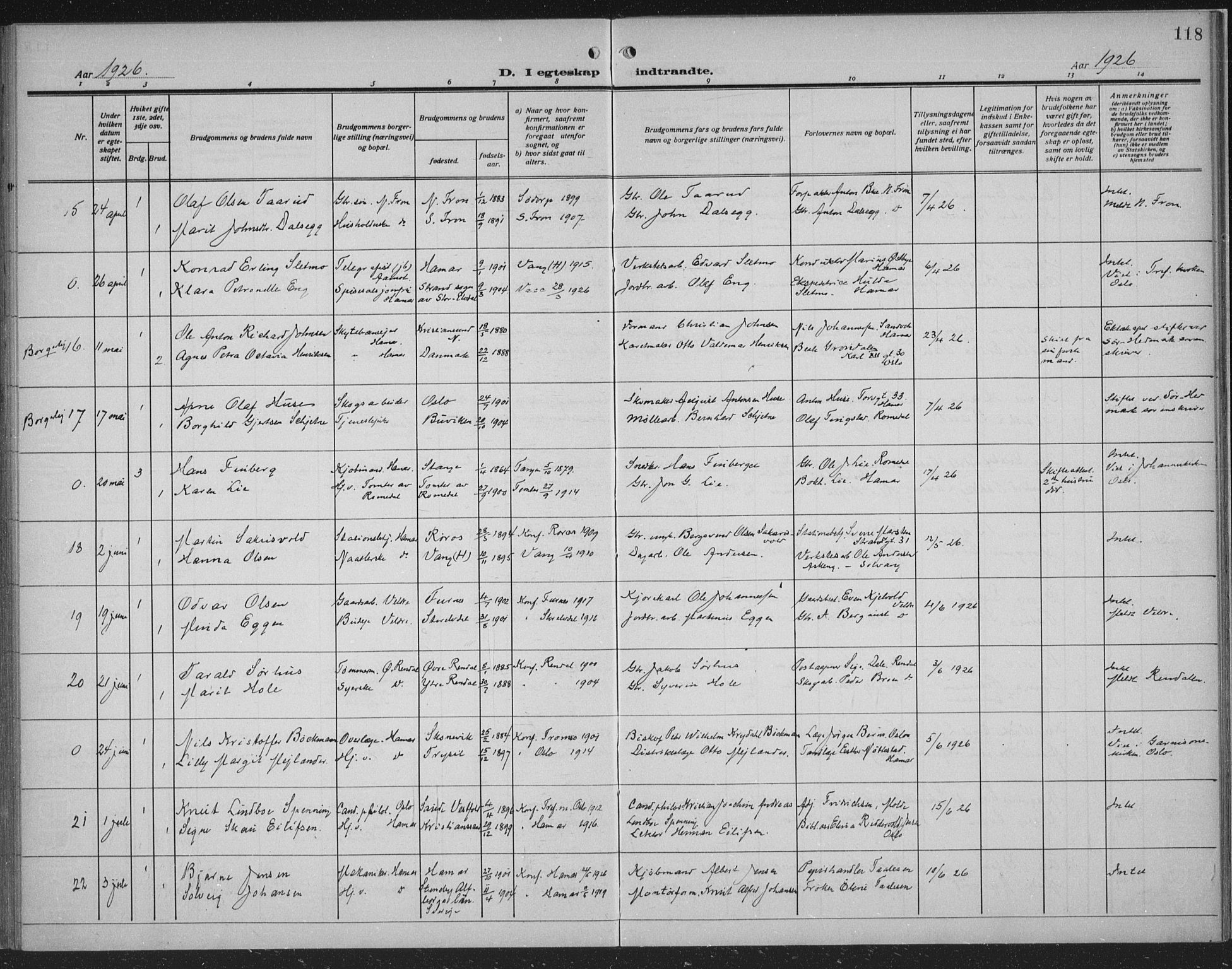 Hamar prestekontor, SAH/DOMPH-002/H/Ha/Haa/L0003: Ministerialbok nr. 3, 1913-1930, s. 118