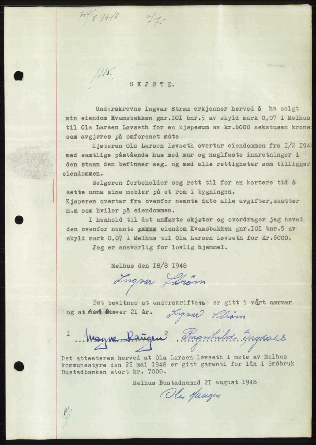 Gauldal sorenskriveri, SAT/A-0014/1/2/2C: Pantebok nr. A6, 1948-1948, Dagboknr: 1115/1948