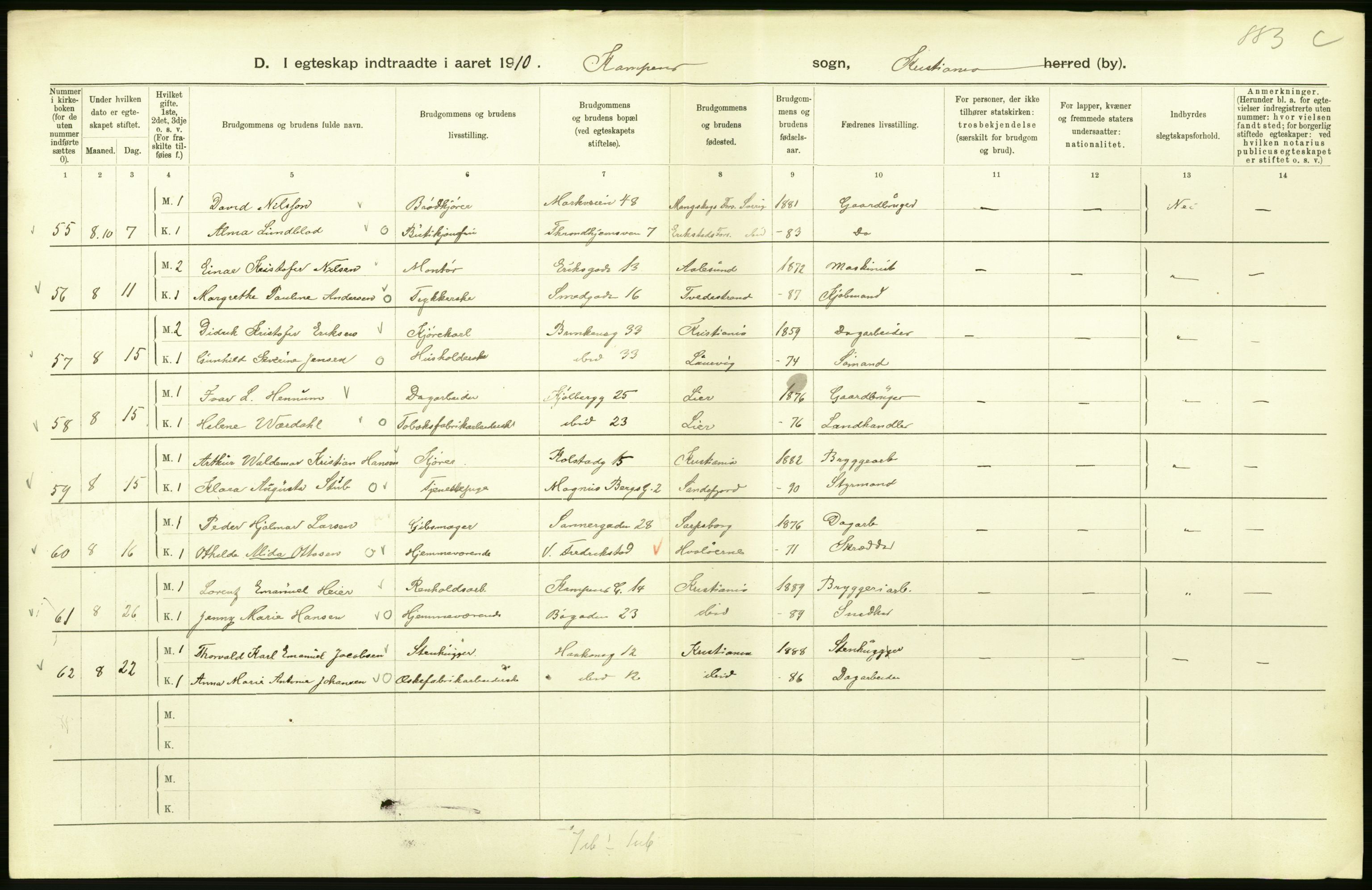 Statistisk sentralbyrå, Sosiodemografiske emner, Befolkning, AV/RA-S-2228/D/Df/Dfa/Dfah/L0009: Kristiania: Gifte og dødfødte., 1910, s. 122