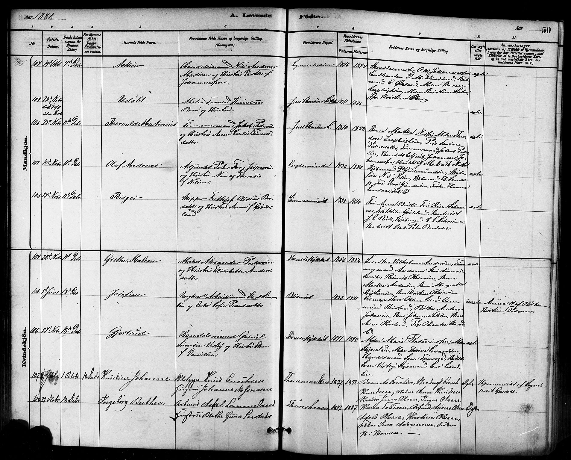 Domkirken sokneprestkontor, AV/SAST-A-101812/001/30/30BB/L0015: Klokkerbok nr. B 15, 1880-1891, s. 50