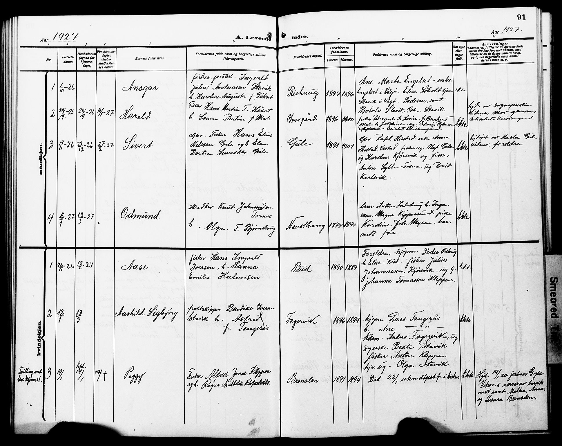 Ministerialprotokoller, klokkerbøker og fødselsregistre - Møre og Romsdal, SAT/A-1454/566/L0774: Klokkerbok nr. 566C03, 1910-1929, s. 91