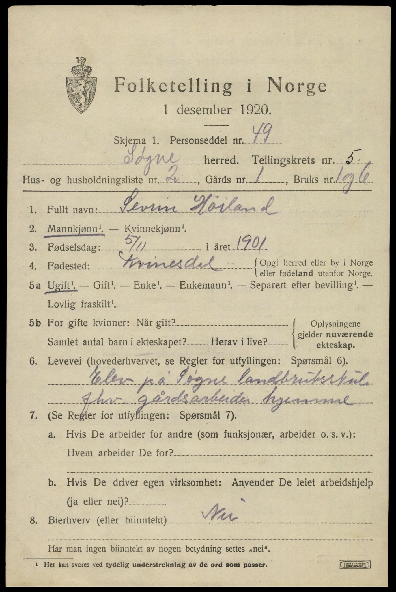 SAK, Folketelling 1920 for 1018 Søgne herred, 1920, s. 2277