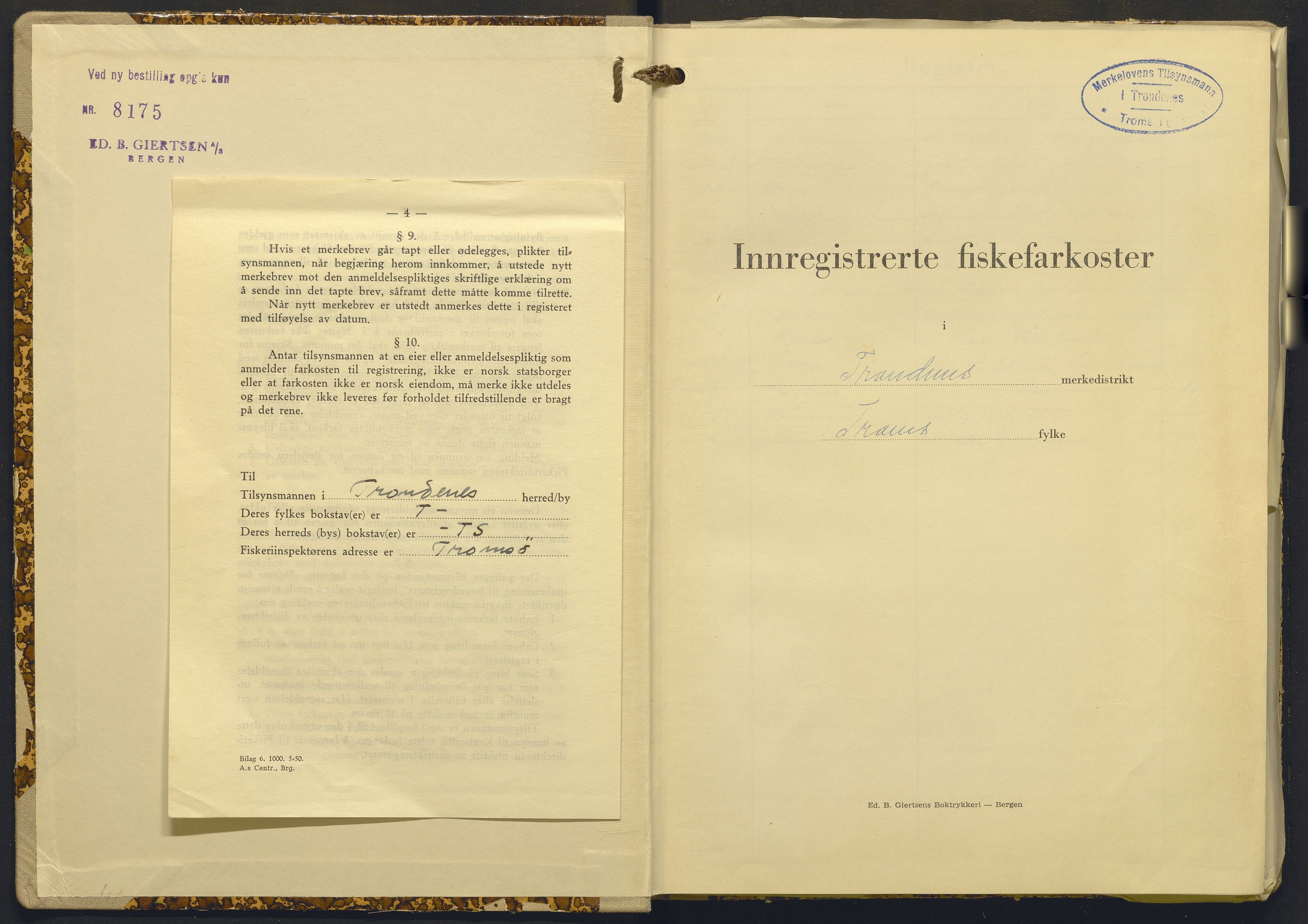 Fiskeridirektoratet - 1 Adm. ledelse - 13 Båtkontoret, AV/SAB-A-2003/I/Ia/Iab/L0085: 135.0232/4  Merkeprotokoll - Trondenes, 1960-1963