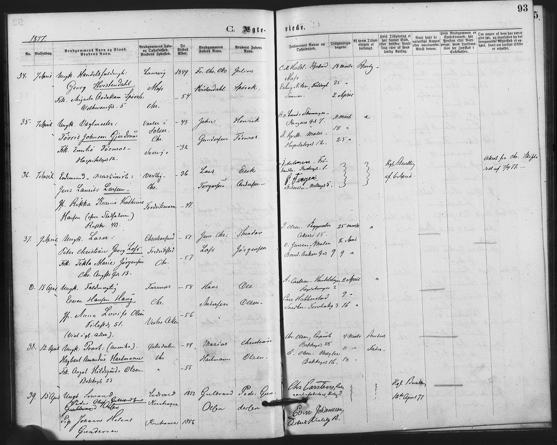 Trefoldighet prestekontor Kirkebøker, AV/SAO-A-10882/F/Fc/L0002: Ministerialbok nr. III 2, 1874-1881, s. 93