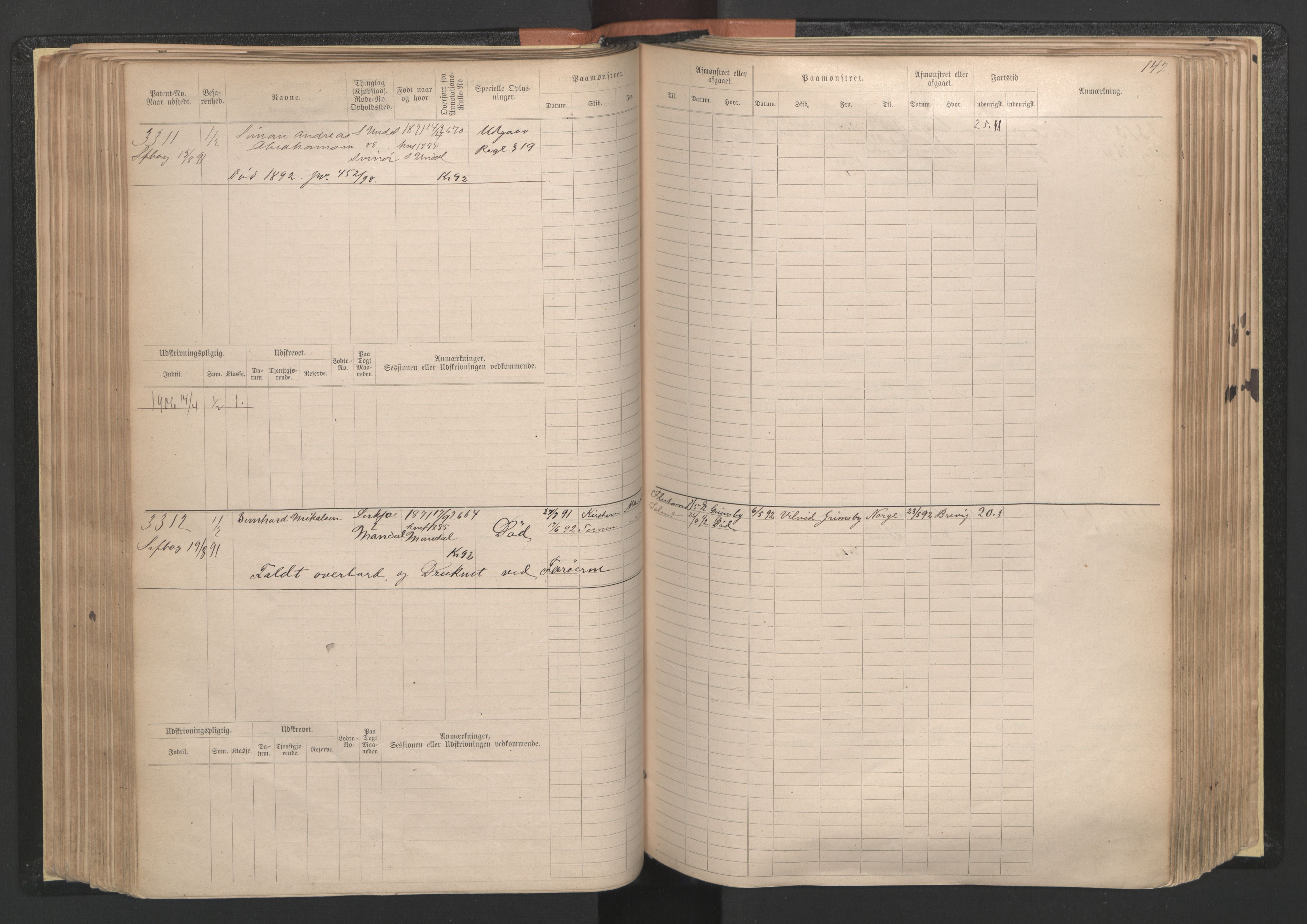 Mandal mønstringskrets, AV/SAK-2031-0016/F/Fb/L0005: Hovedrulle nr 3033-3794, L-10, 1888-1940, s. 144