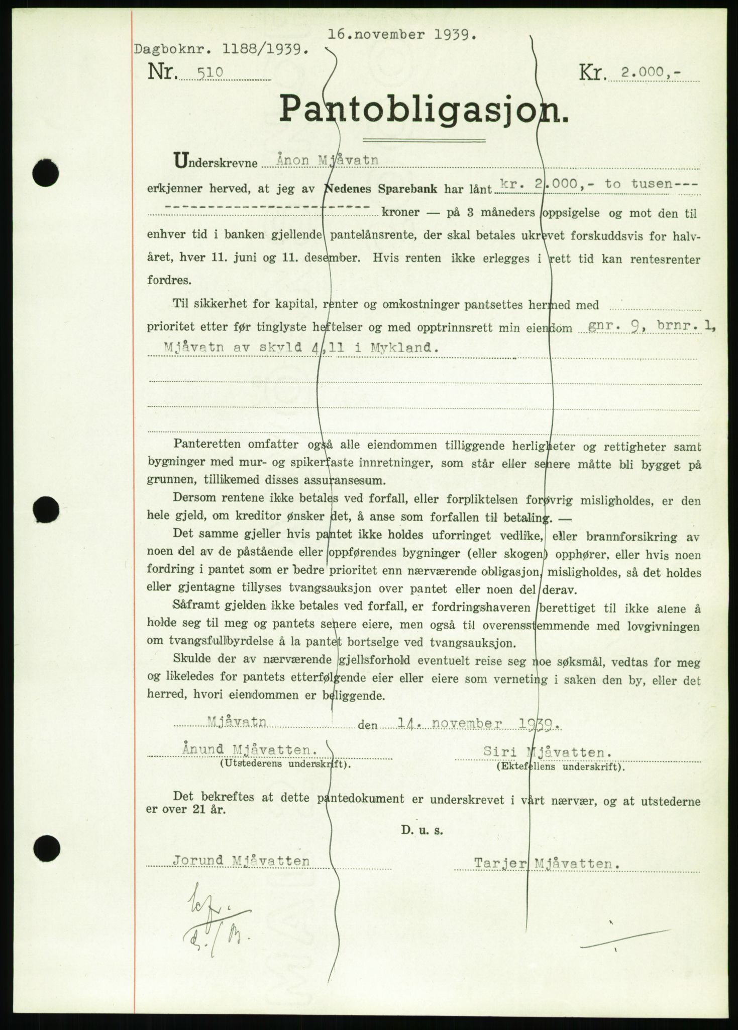 Nedenes sorenskriveri, SAK/1221-0006/G/Gb/Gbb/L0001: Pantebok nr. I, 1939-1942, Dagboknr: 1188/1939
