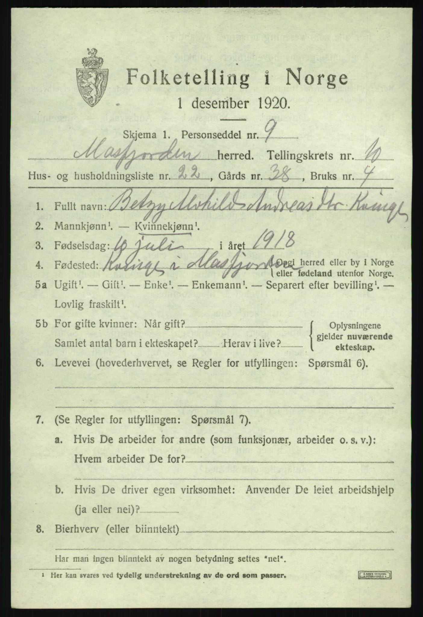 SAB, Folketelling 1920 for 1266 Masfjorden herred, 1920, s. 3961
