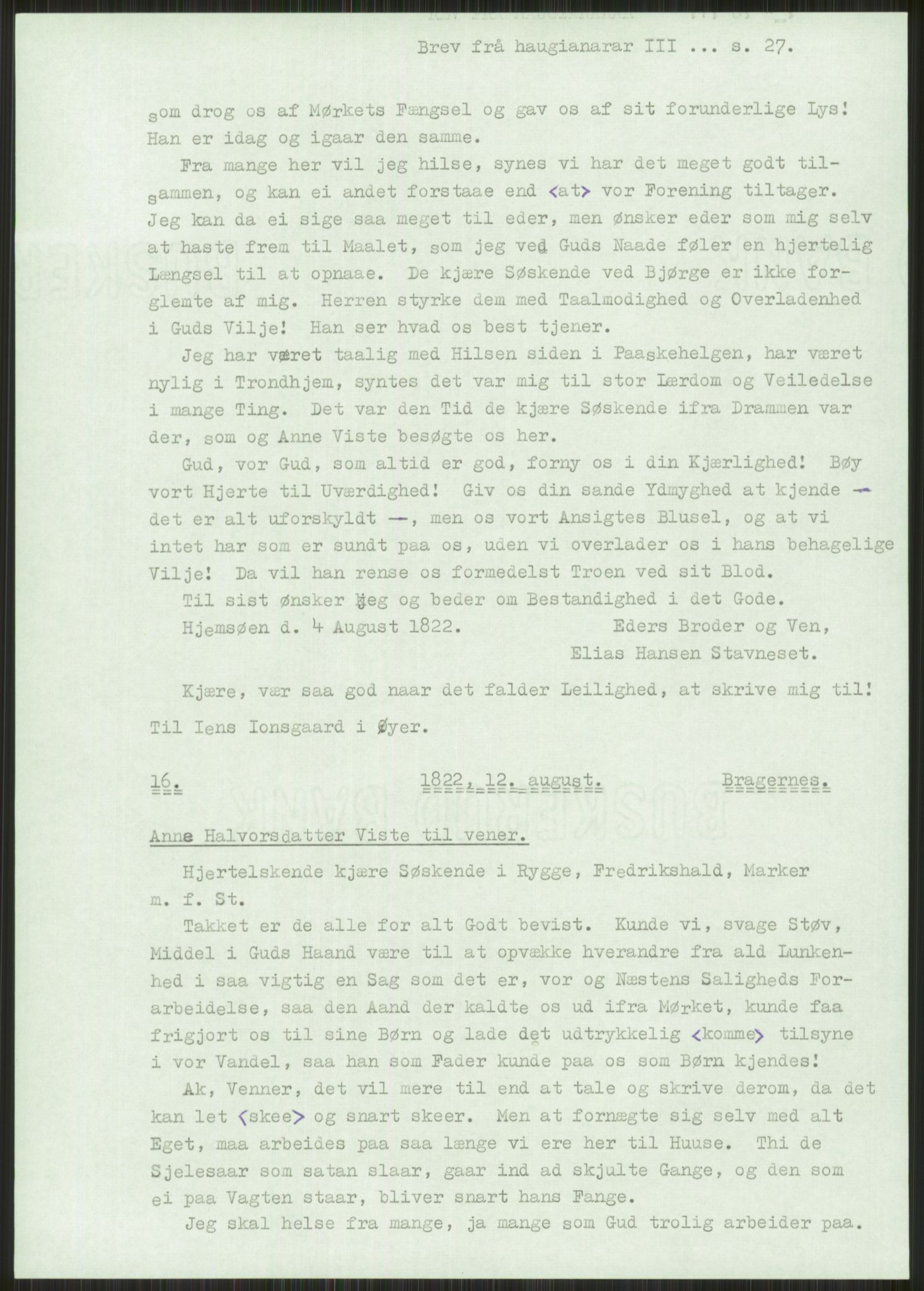 Samlinger til kildeutgivelse, Haugianerbrev, AV/RA-EA-6834/F/L0003: Haugianerbrev III: 1822-1826, 1822-1826, s. 27