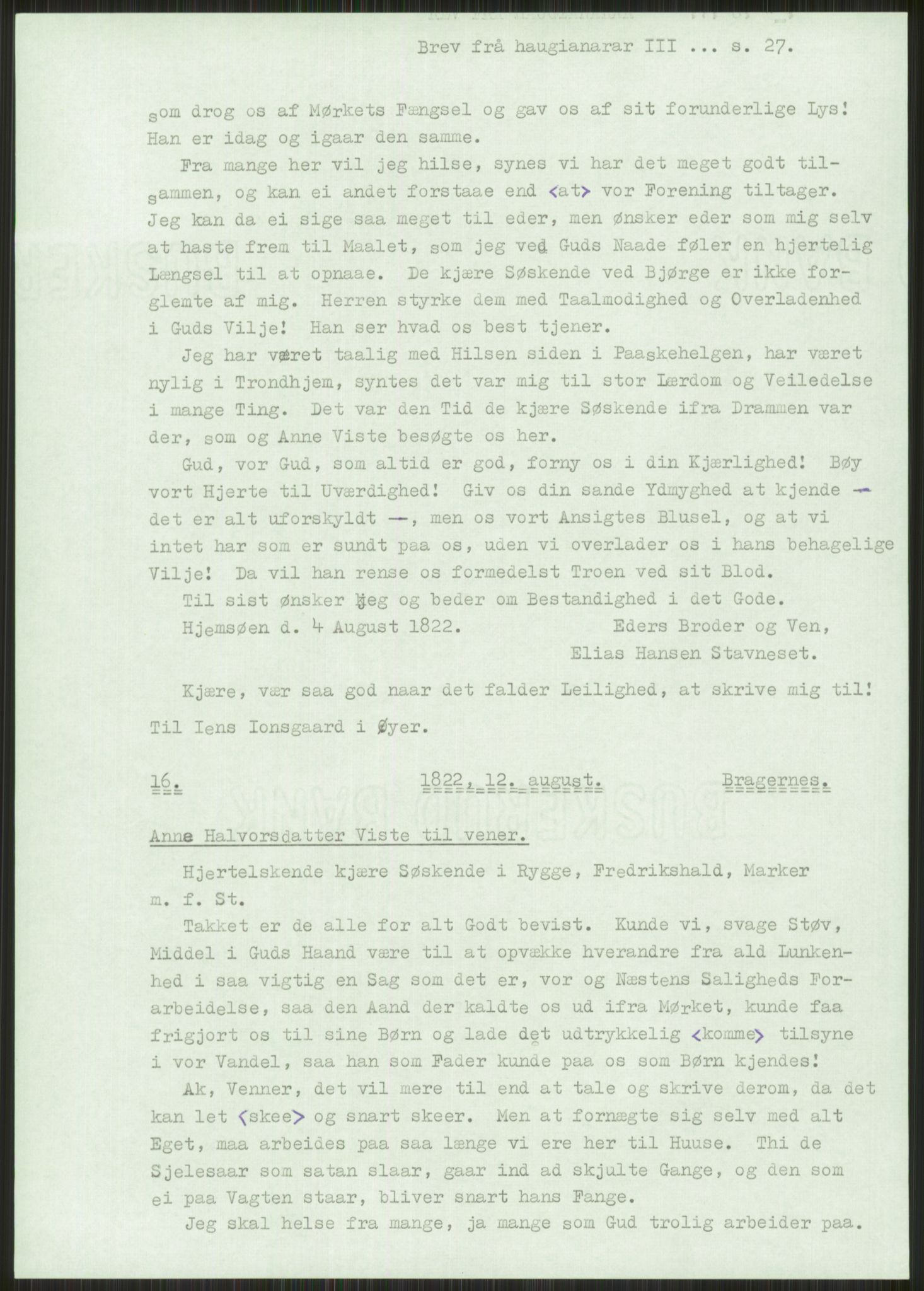 Samlinger til kildeutgivelse, Haugianerbrev, RA/EA-6834/F/L0003: Haugianerbrev III: 1822-1826, 1822-1826, s. 27