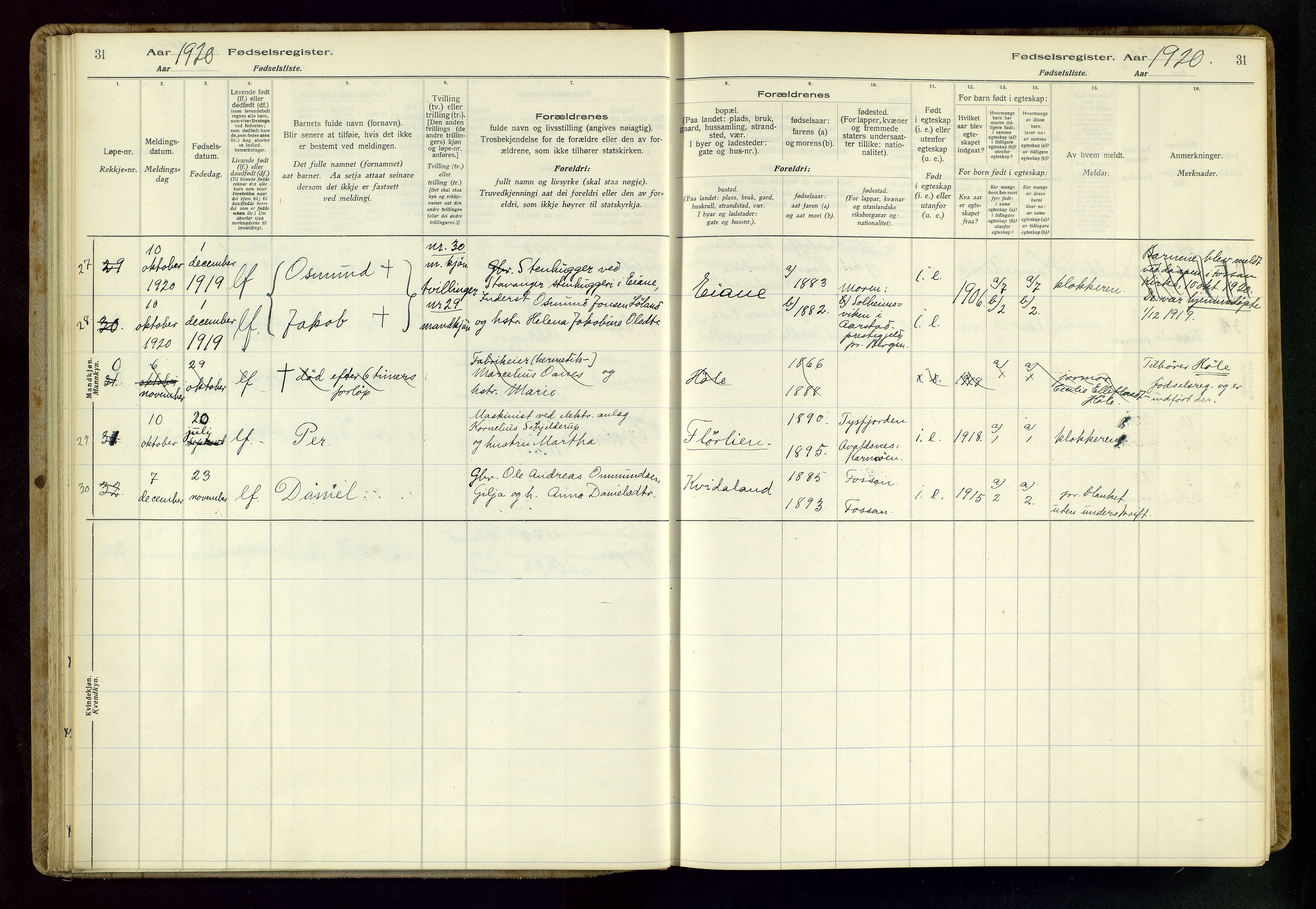 Høgsfjord sokneprestkontor, AV/SAST-A-101624/I/Id/L0002: Fødselsregister nr. 2, 1916-1959, s. 31