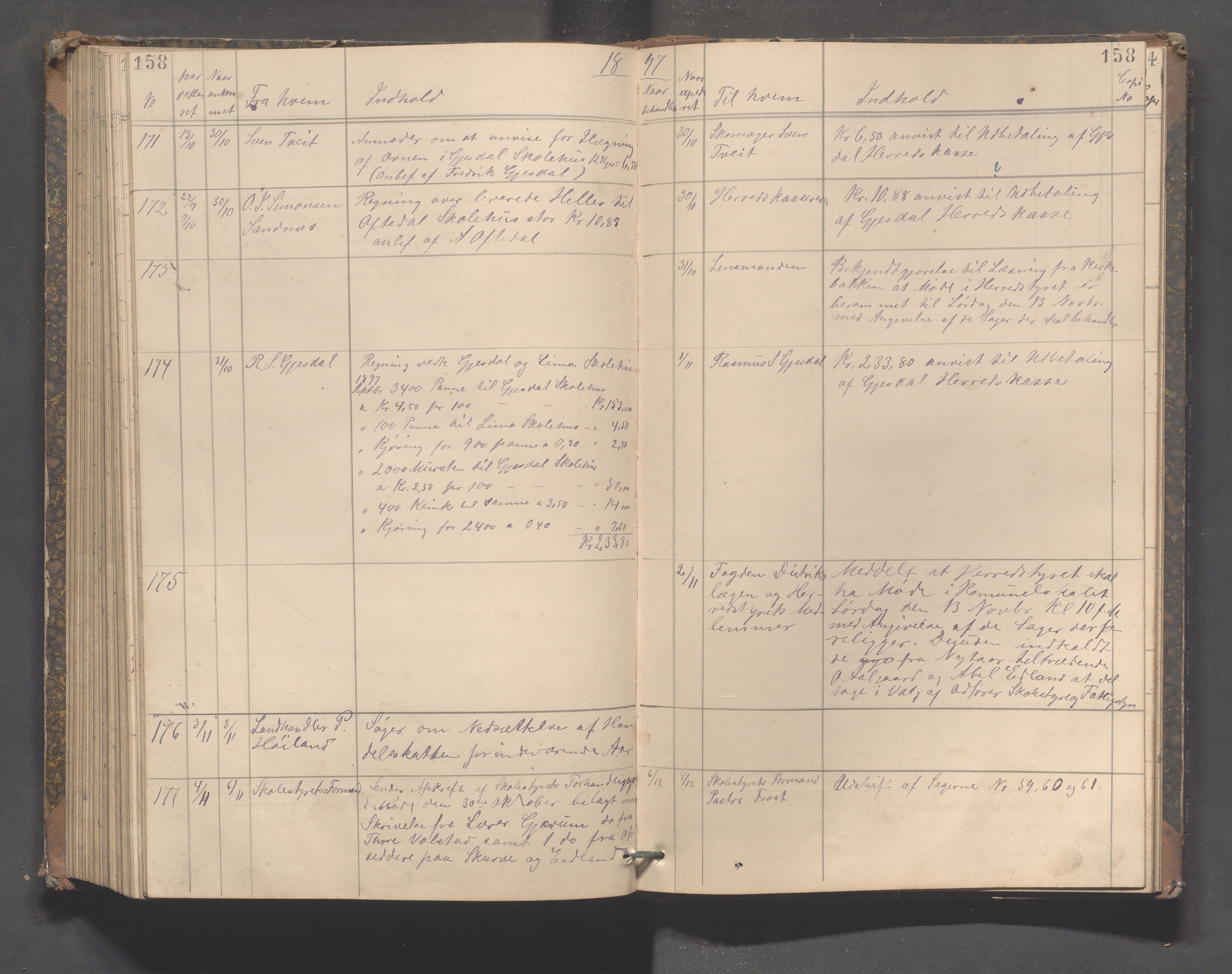 Gjesdal kommune - Formannskapet, IKAR/K-101383/C/Ca/L0002: Brevjournal, 1881-1899, s. 158