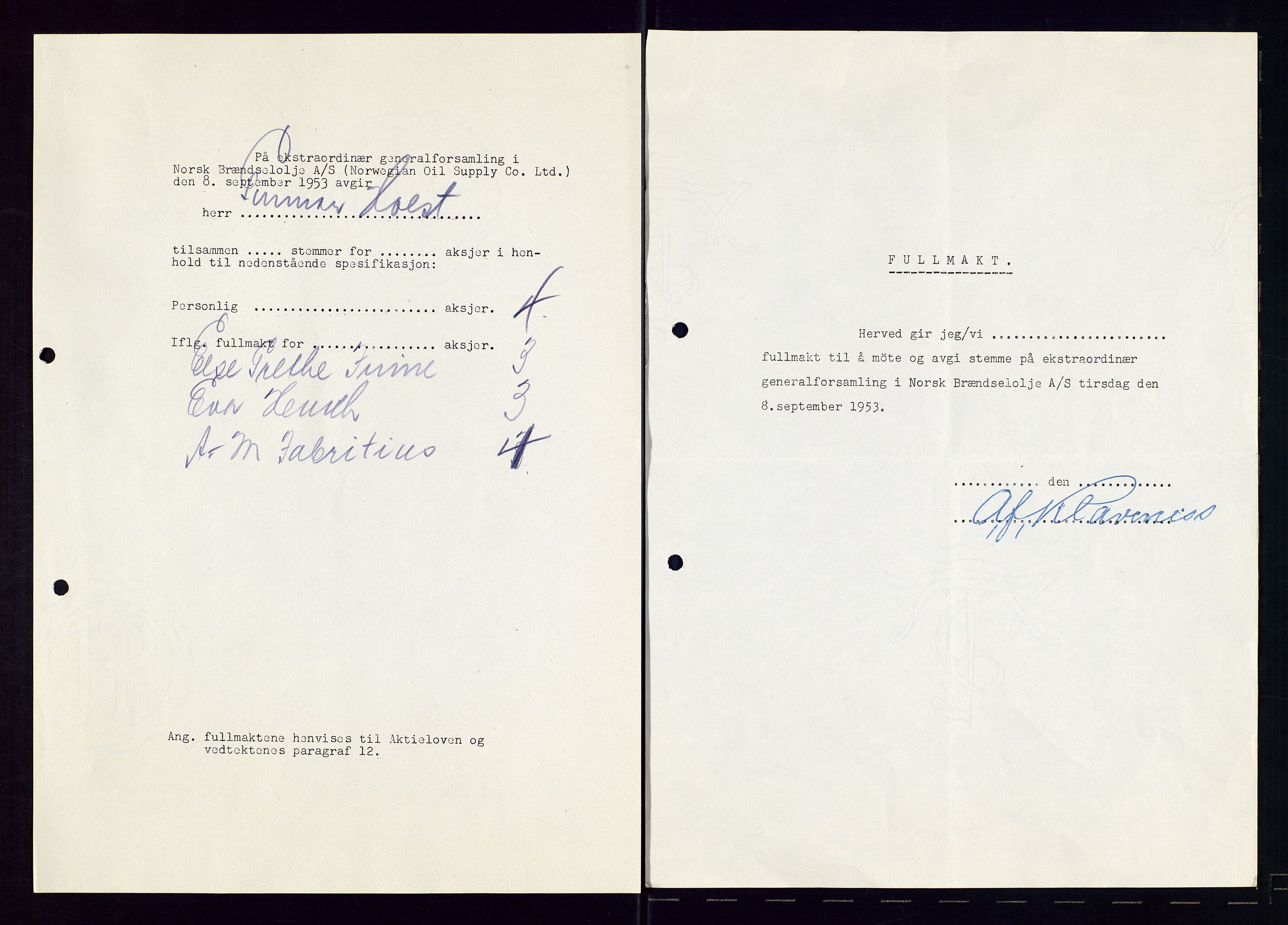 PA 1544 - Norsk Brændselolje A/S, AV/SAST-A-101965/1/A/Aa/L0007/0001: Generalforsamling / Ekstraordinær generalforsamling 1953, generalforsamling 1954, 1953-1954, s. 69
