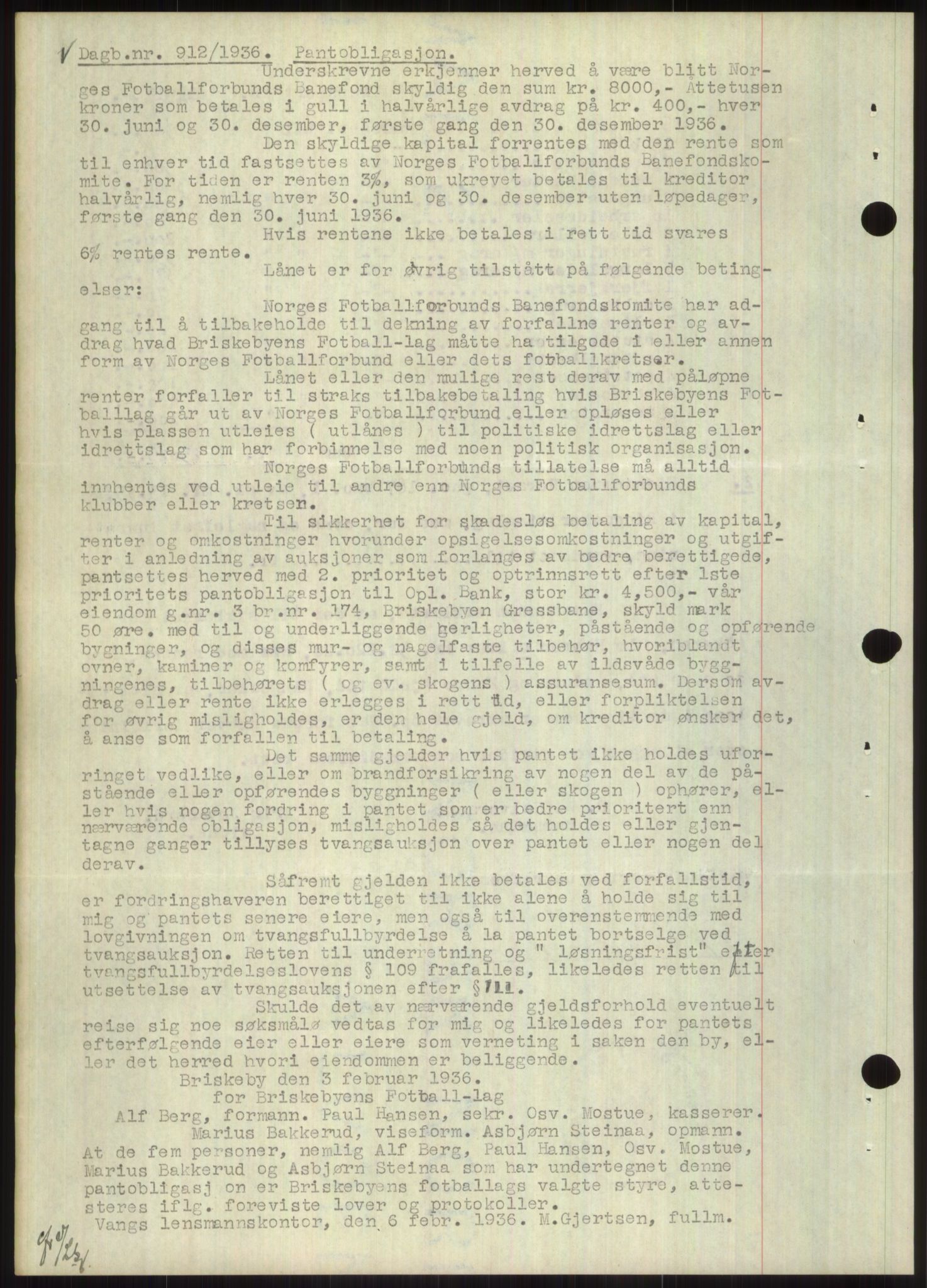 Nord-Hedmark sorenskriveri, SAH/TING-012/H/Hb/Hbf/L0001: Pantebok nr. B1, 1936-1936, Dagboknr: 912/1936