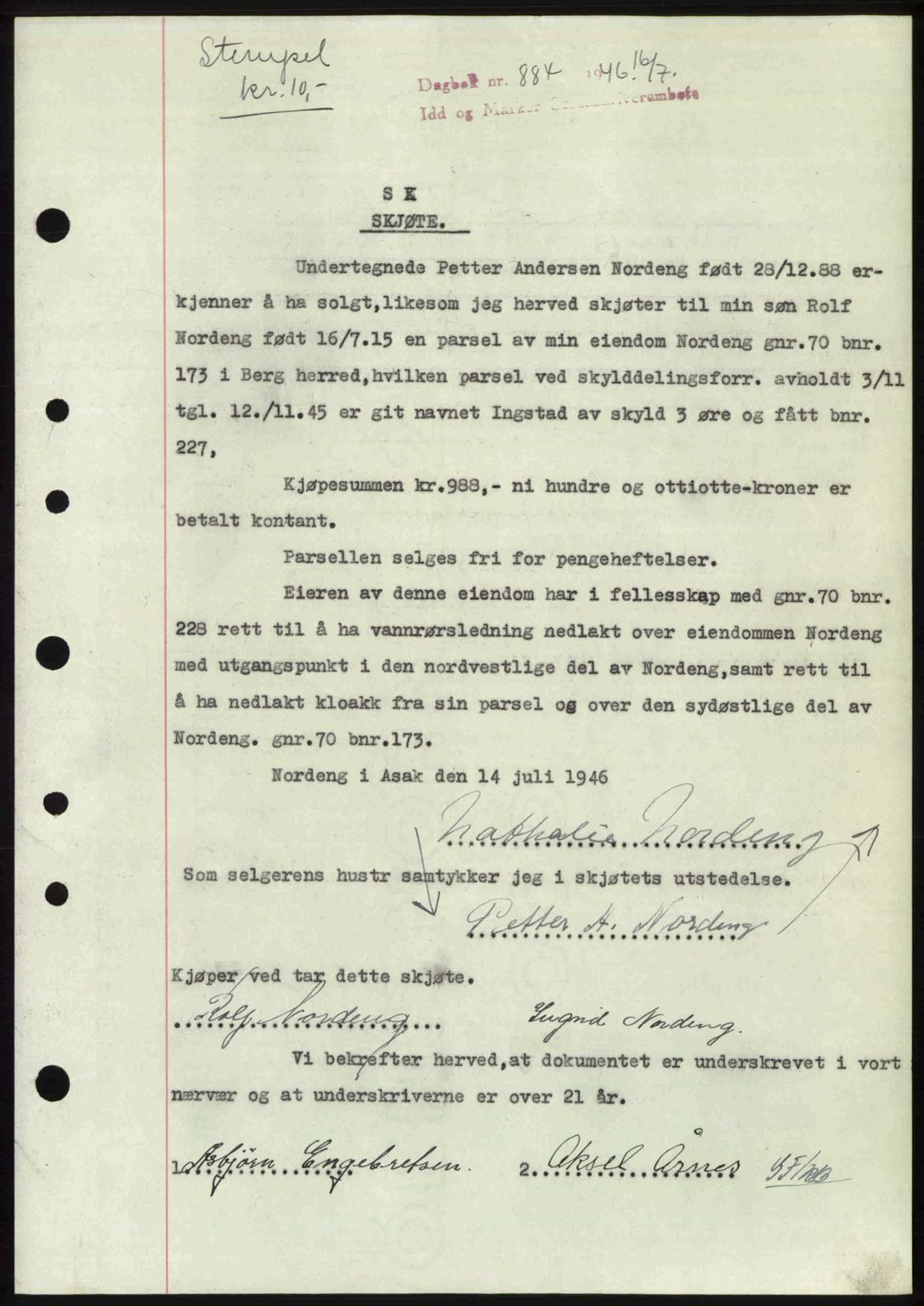 Idd og Marker sorenskriveri, AV/SAO-A-10283/G/Gb/Gbb/L0008: Pantebok nr. A8, 1946-1946, Dagboknr: 884/1946