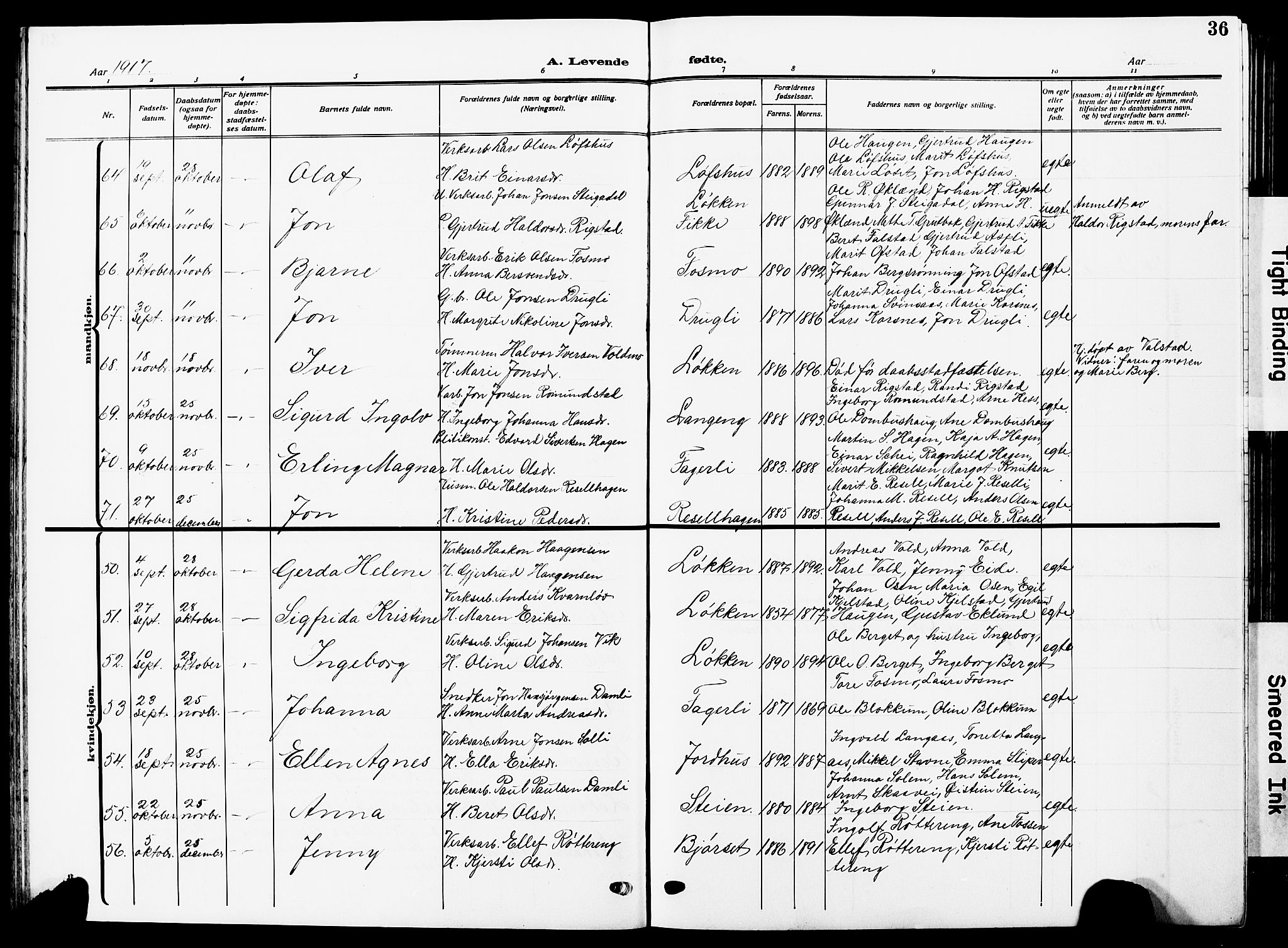 Ministerialprotokoller, klokkerbøker og fødselsregistre - Sør-Trøndelag, AV/SAT-A-1456/672/L0865: Klokkerbok nr. 672C04, 1914-1928, s. 36