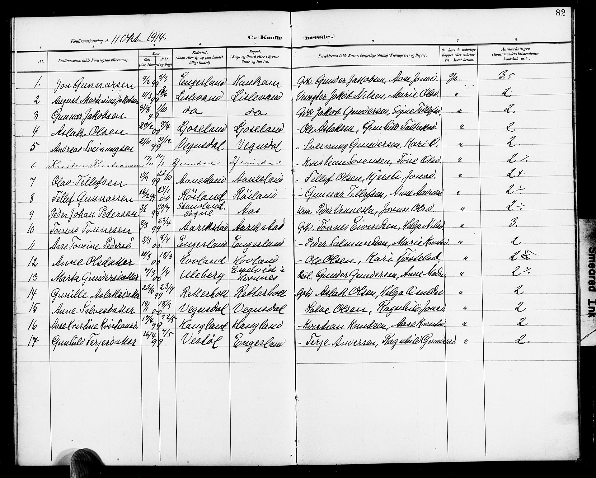 Herefoss sokneprestkontor, AV/SAK-1111-0019/F/Fb/Fbb/L0003: Klokkerbok nr. B 3, 1892-1917, s. 82