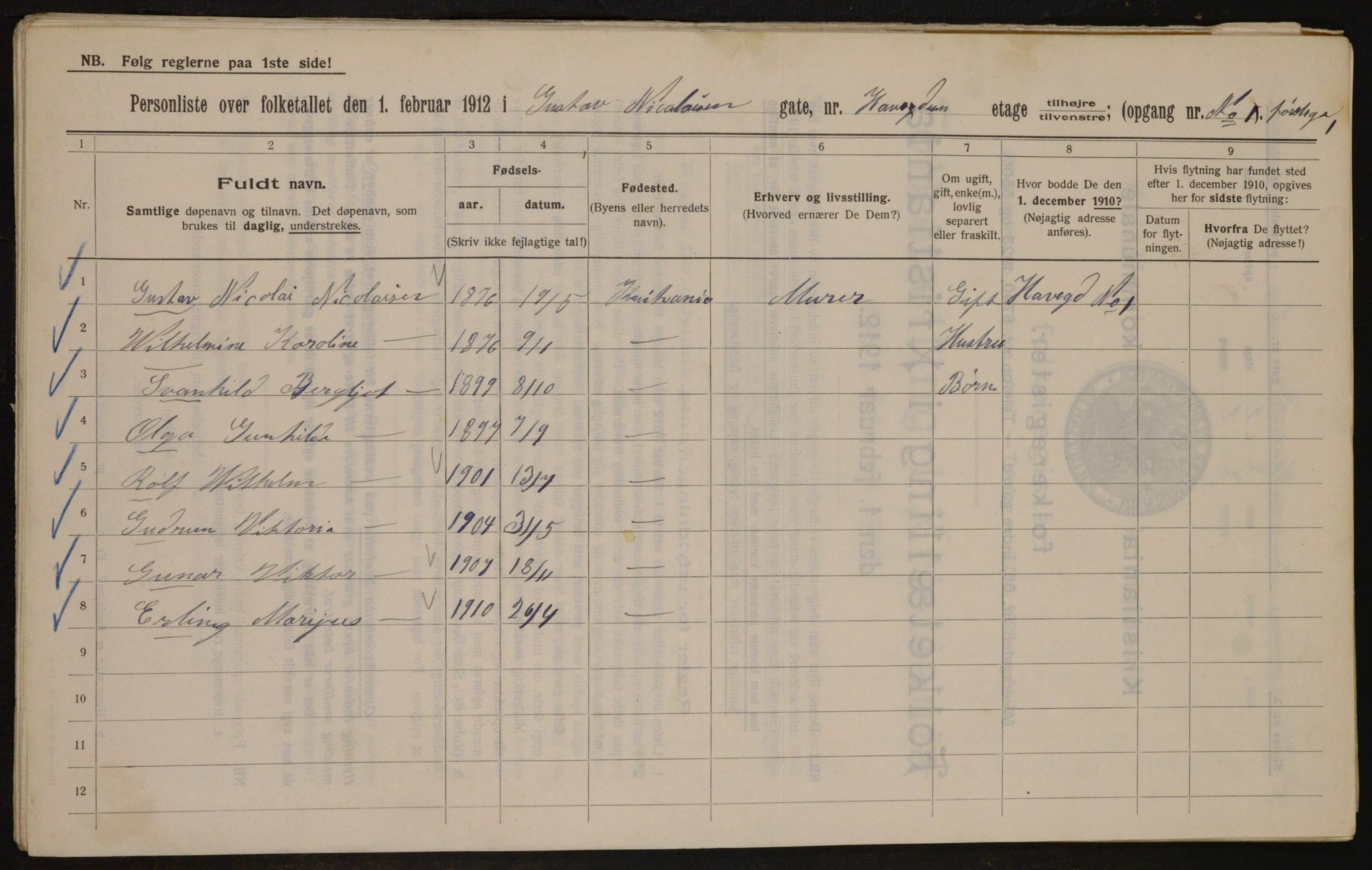 OBA, Kommunal folketelling 1.2.1912 for Kristiania, 1912, s. 33345