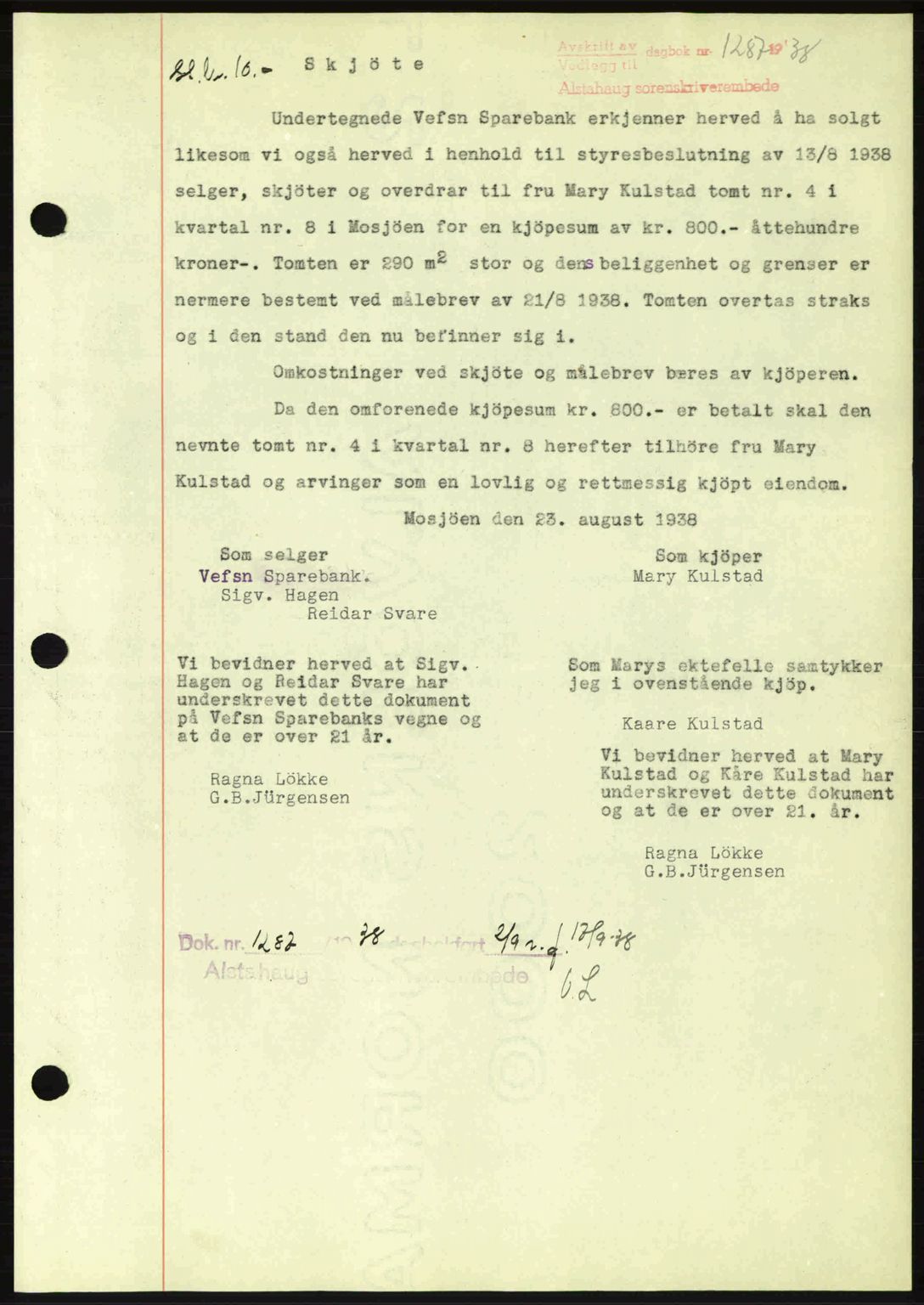Alstahaug sorenskriveri, SAT/A-1009: Pantebok nr. A3, 1937-1938, Dagboknr: 1287/1938
