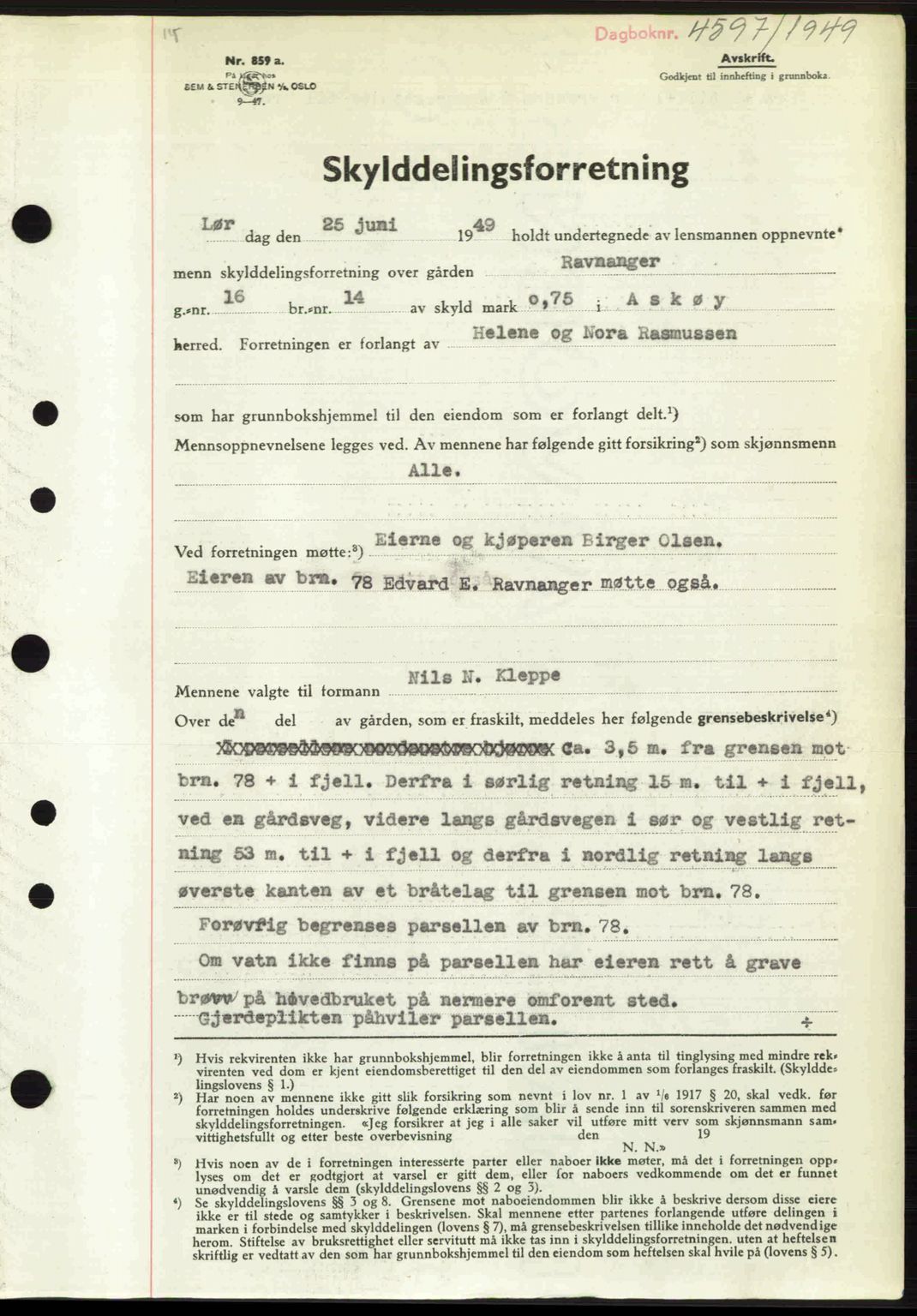 Midhordland sorenskriveri, SAB/A-3001/1/G/Gb/Gbh/L0032: Pantebok nr. A62-63, 1949-1949, Dagboknr: 4597/1949