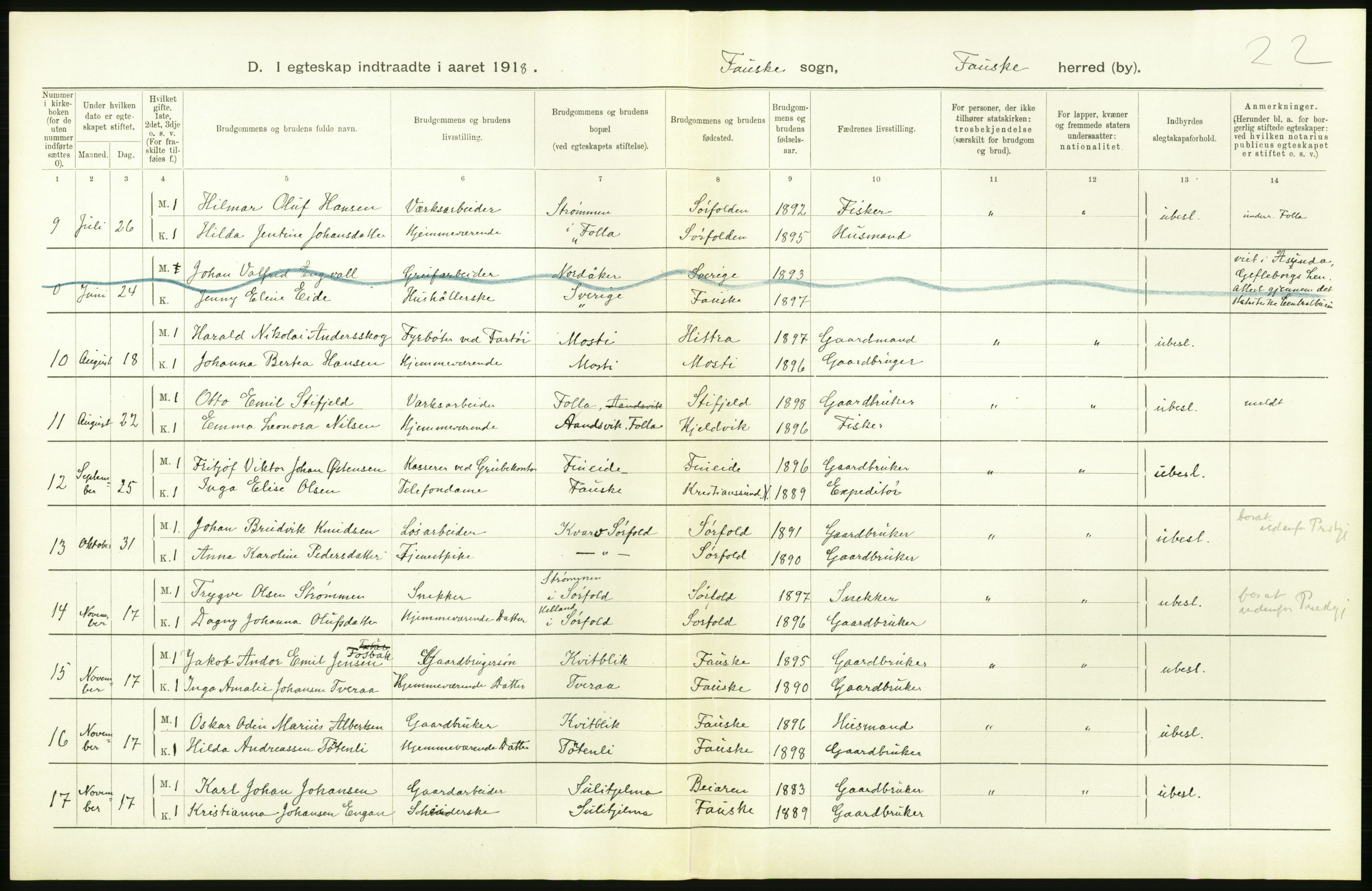 Statistisk sentralbyrå, Sosiodemografiske emner, Befolkning, AV/RA-S-2228/D/Df/Dfb/Dfbh/L0054: Nordland fylke: Gifte, dødfødte. Bygder og byer., 1918, s. 152
