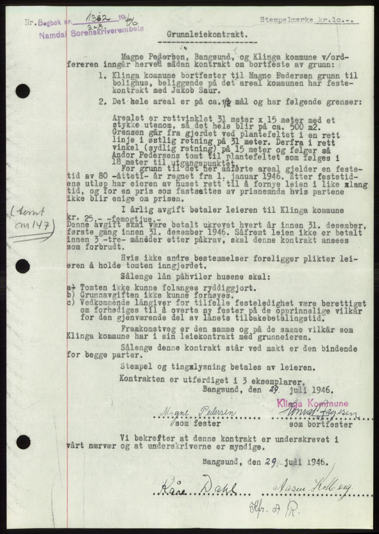 Namdal sorenskriveri, SAT/A-4133/1/2/2C: Pantebok nr. -, 1946-1946, Dagboknr: 1382/1946