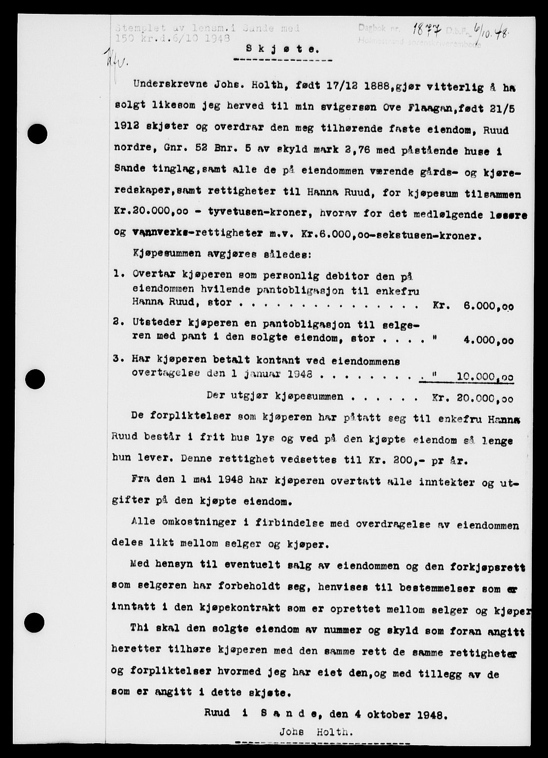 Holmestrand sorenskriveri, SAKO/A-67/G/Ga/Gaa/L0065: Pantebok nr. A-65, 1948-1949, Dagboknr: 1877/1948