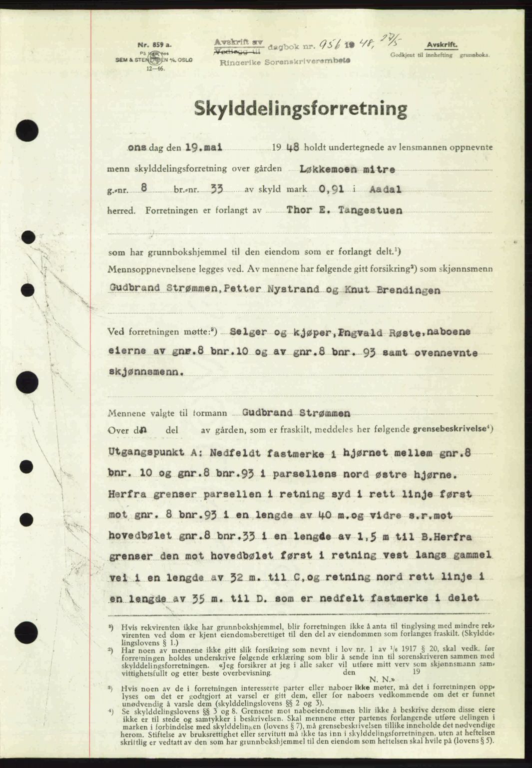 Ringerike sorenskriveri, SAKO/A-105/G/Ga/Gab/L0088: Pantebok nr. A-19, 1948-1948, Dagboknr: 956/1948