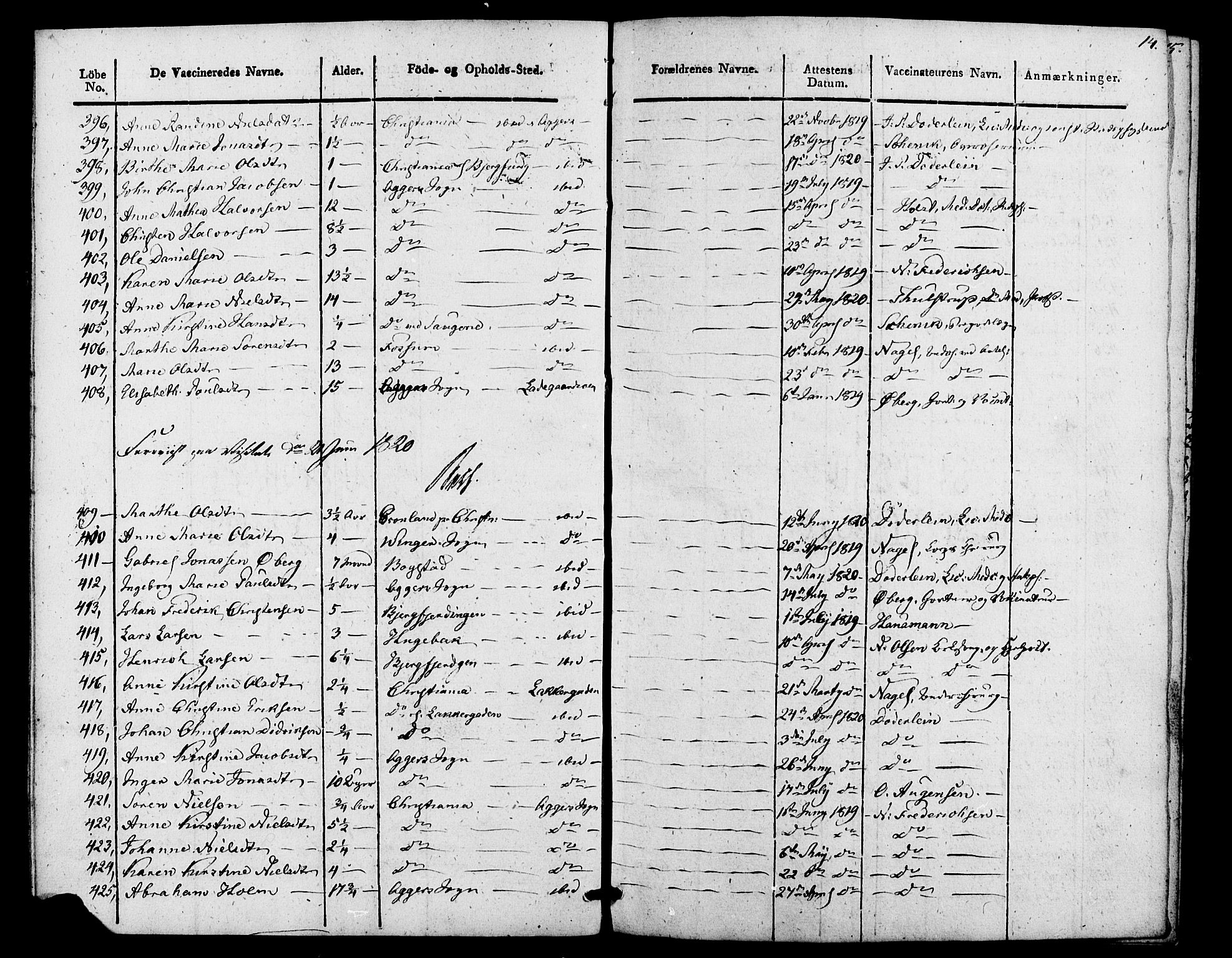 Aker prestekontor kirkebøker, AV/SAO-A-10861/F/L0021: Vaksinasjonsprotokoll nr. 21, 1819-1824, s. 14