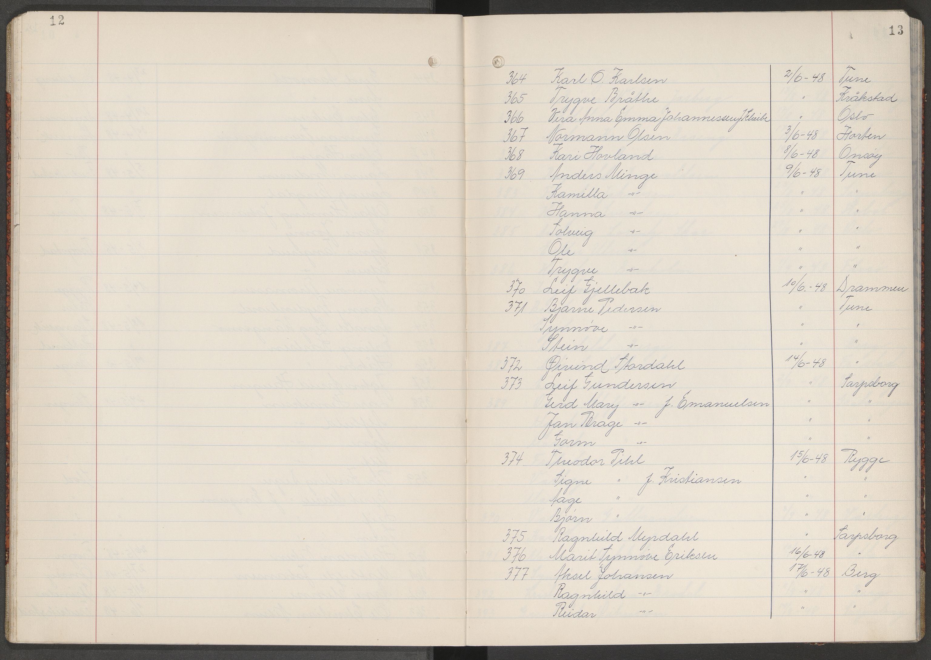 Skjeberg folkeregister, AV/SAO-A-10495/K/Ka/L0004: Fortegnelse over inn- og utflyttede, 1947-1950, s. 12-13