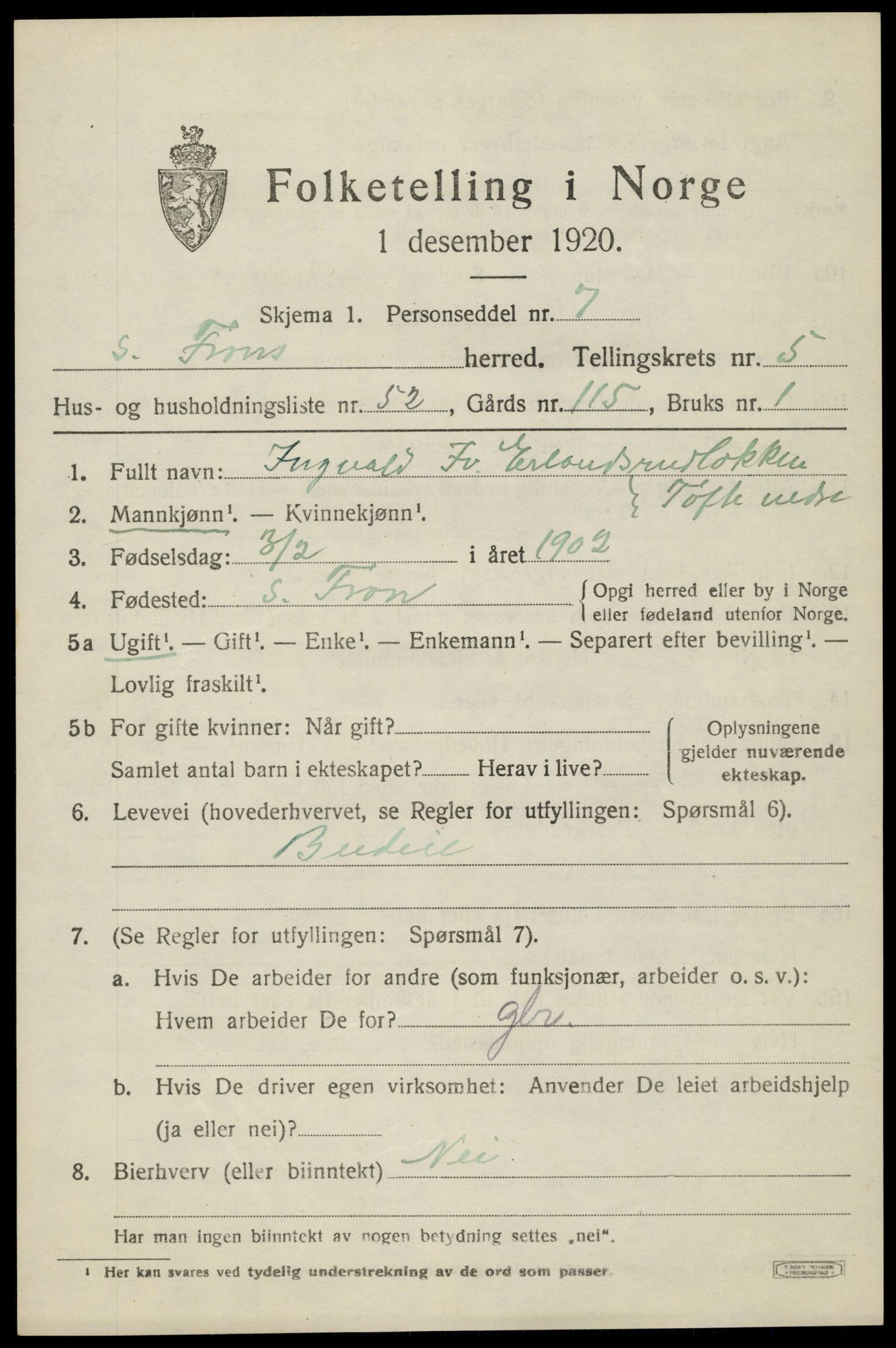 SAH, Folketelling 1920 for 0519 Sør-Fron herred, 1920, s. 5997