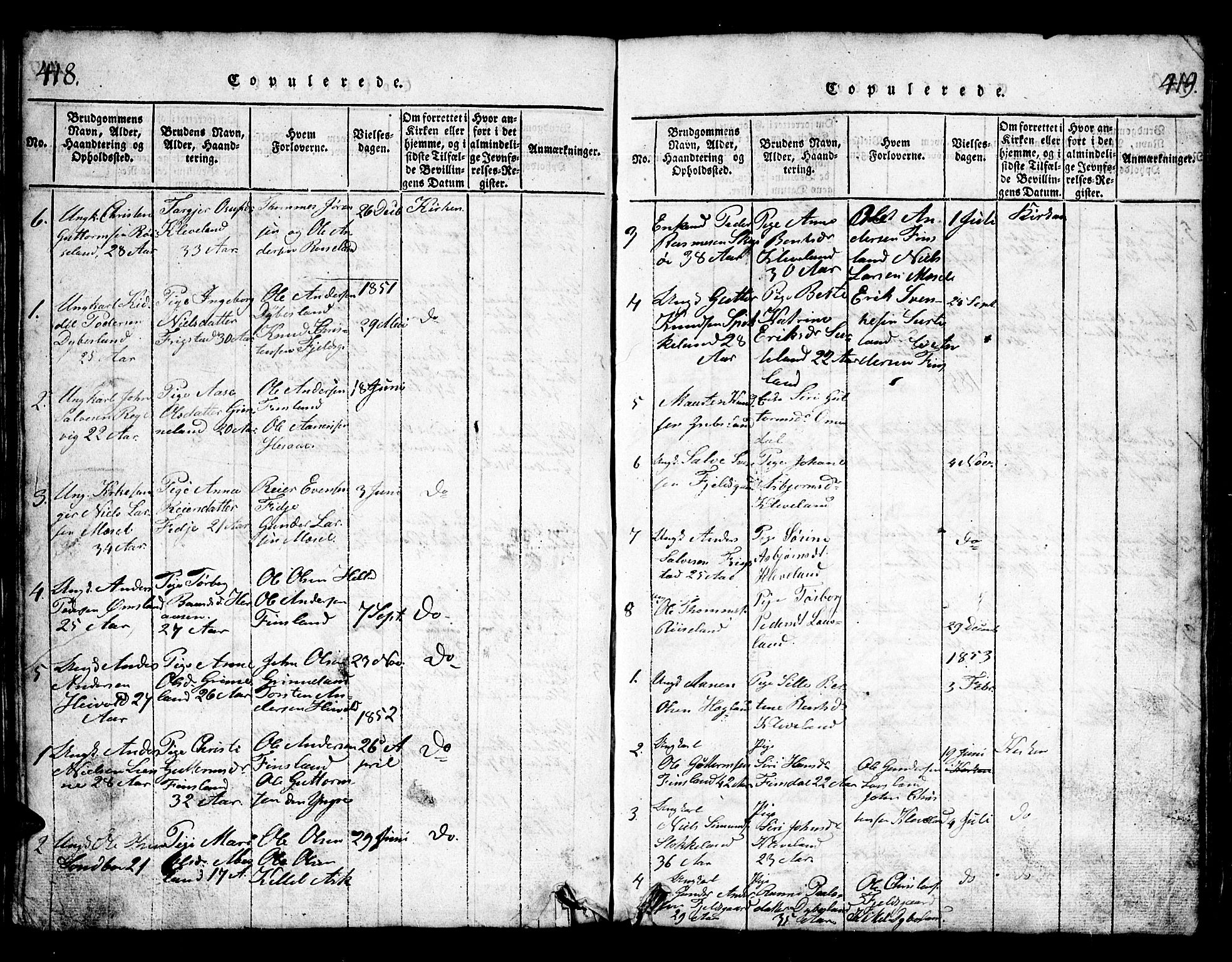 Bjelland sokneprestkontor, AV/SAK-1111-0005/F/Fb/Fbb/L0003: Klokkerbok nr. B 3, 1816-1868, s. 418-419