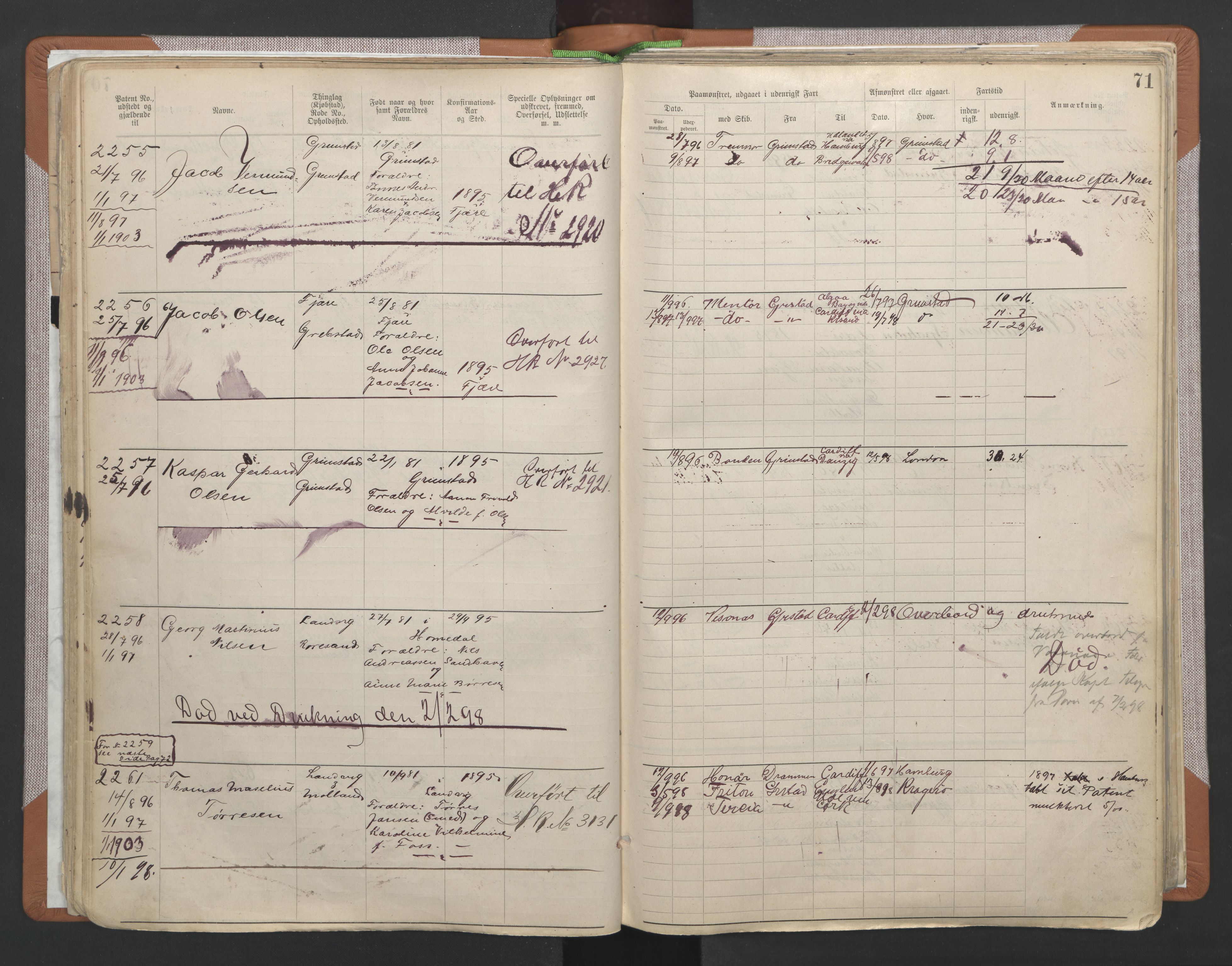 Grimstad mønstringskrets, SAK/2031-0013/F/Fa/L0006: Annotasjonsrulle nr 1911-3453 med register, V-19, 1892-1939, s. 97