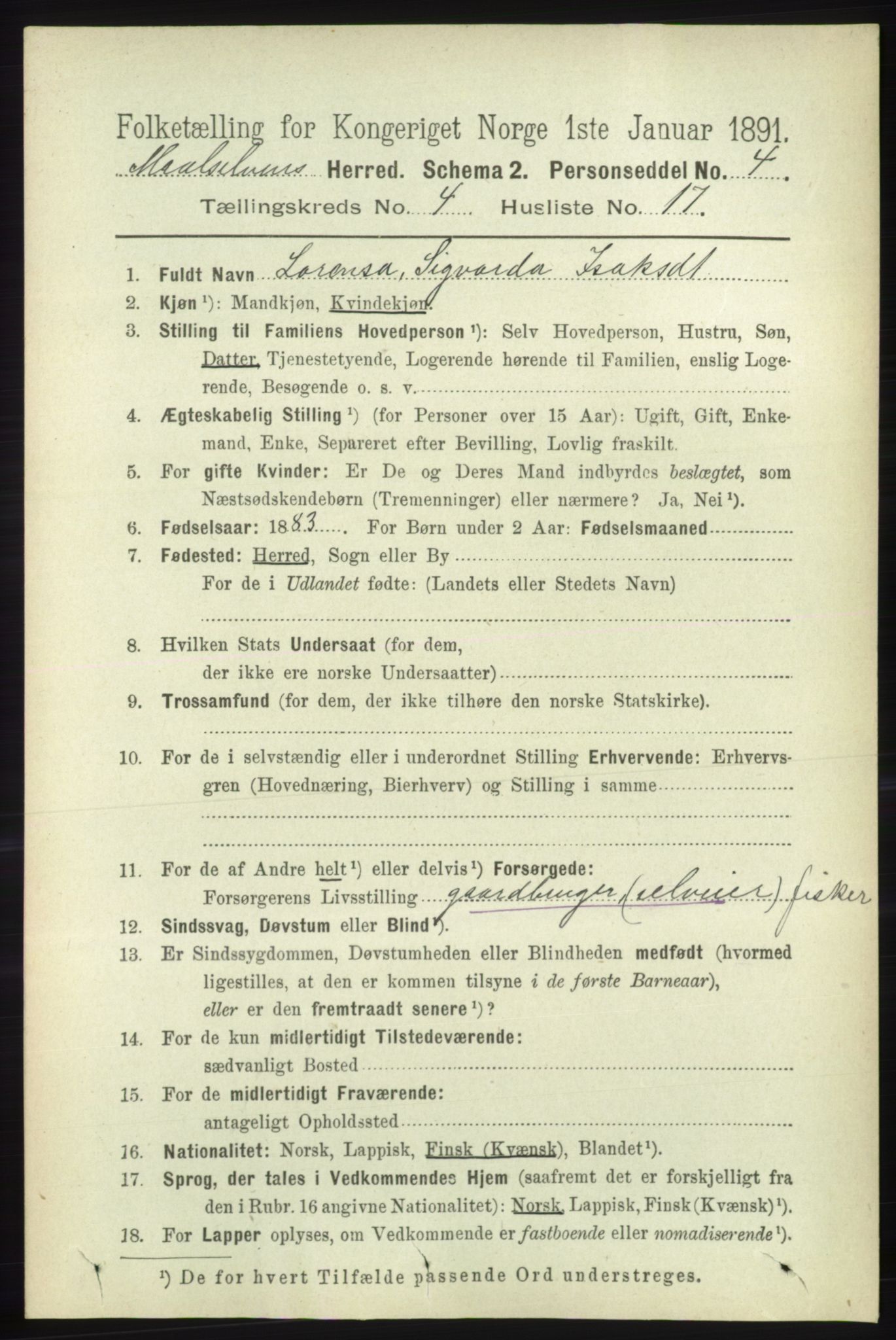 RA, Folketelling 1891 for 1924 Målselv herred, 1891, s. 1189