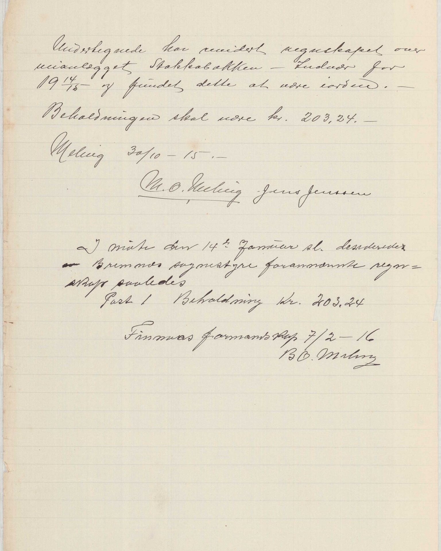 Finnaas kommune. Formannskapet, IKAH/1218a-021/E/Ea/L0001/0001: Rekneskap for veganlegg / Rekneskap for veganlegget Indvær - Stokkabakken, 1910-1915, s. 40