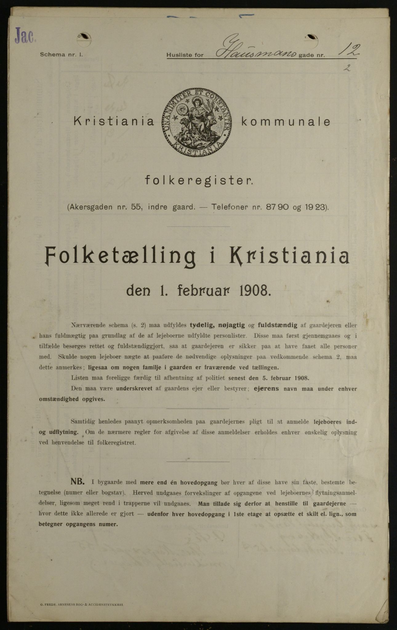 OBA, Kommunal folketelling 1.2.1908 for Kristiania kjøpstad, 1908, s. 31714