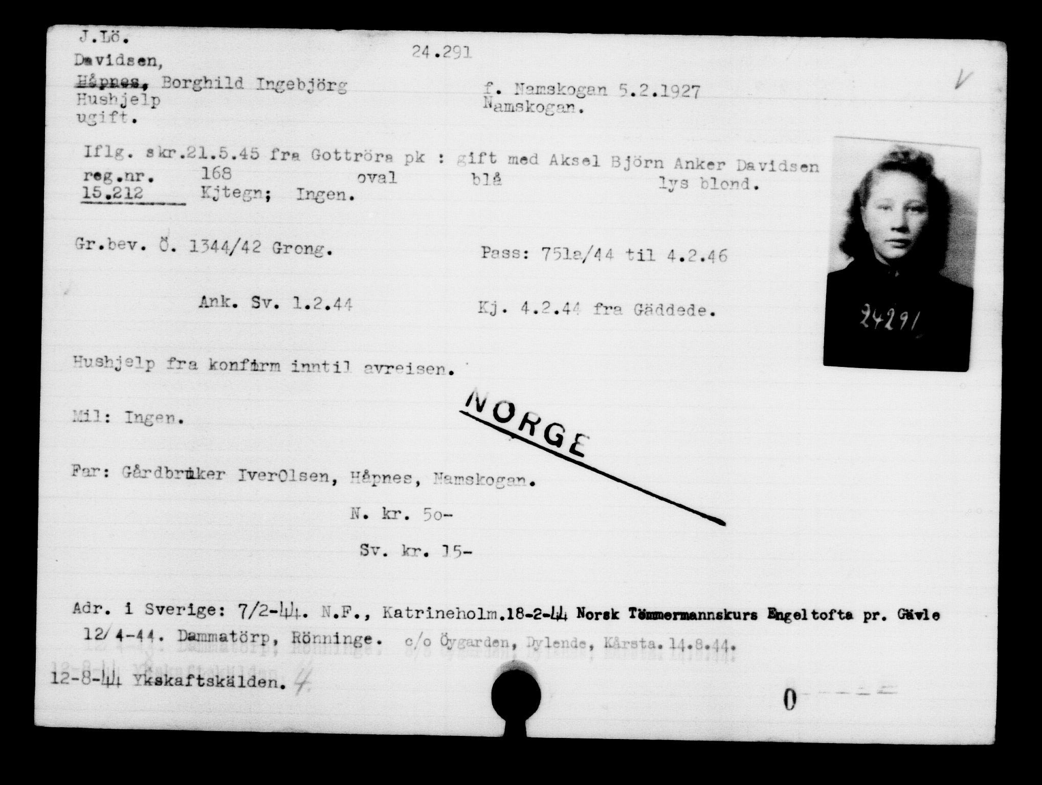 Utenriksstasjonene, Legasjonen i Stockholm, Flyktningkontoret, AV/RA-S-6753/V/Va/L0010: Kjesäterkartoteket, flyktninger med registreringsnr. 22000-25314, 1940-1945, s. 2424