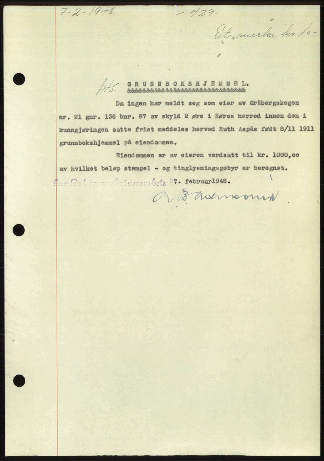 Gauldal sorenskriveri, SAT/A-0014/1/2/2C: Pantebok nr. A5, 1947-1948, Dagboknr: 145/1948