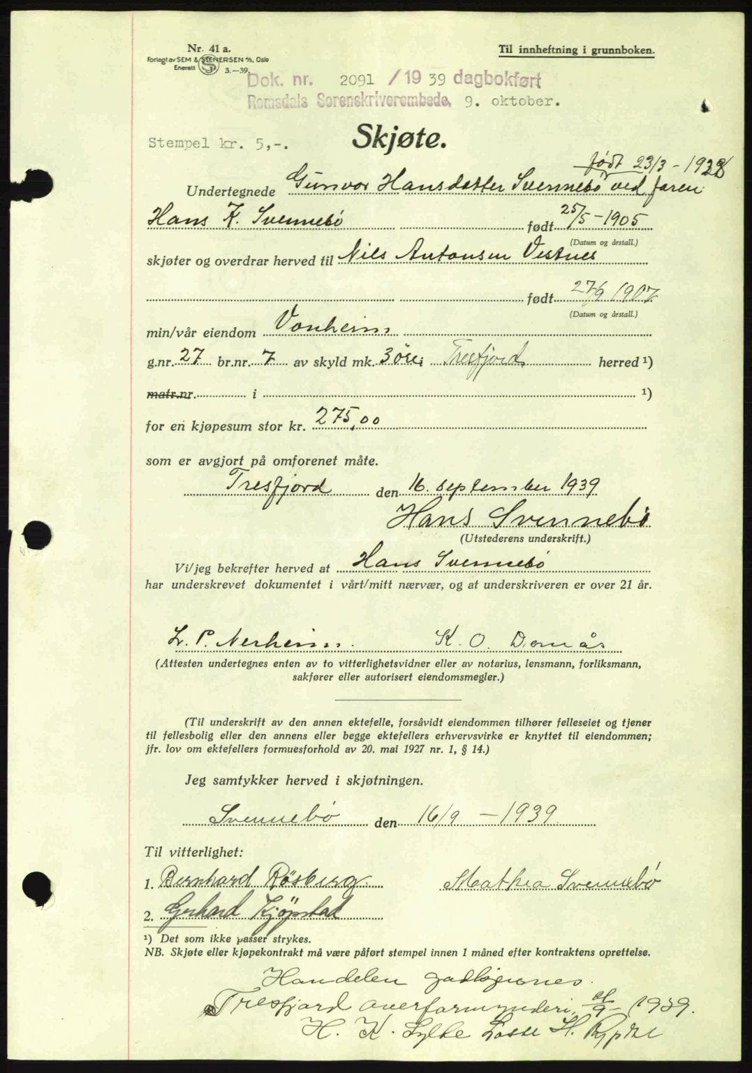 Romsdal sorenskriveri, AV/SAT-A-4149/1/2/2C: Pantebok nr. A7, 1939-1939, Dagboknr: 2091/1939