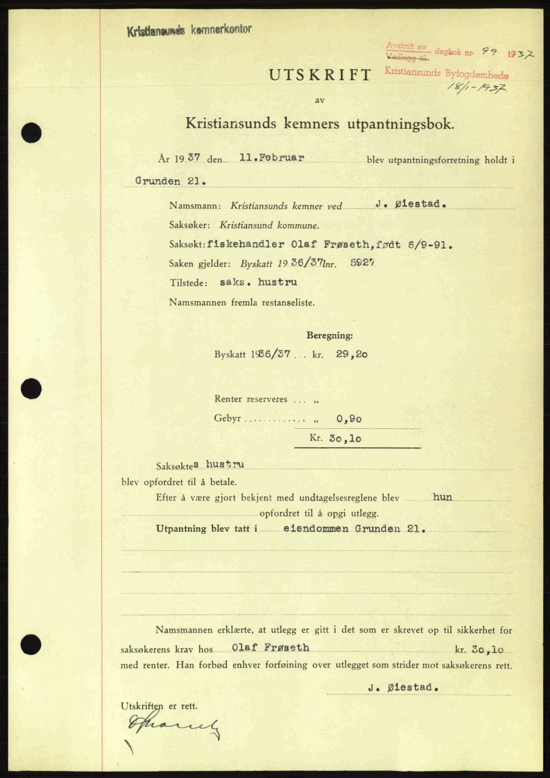 Kristiansund byfogd, SAT/A-4587/A/27: Pantebok nr. 29, 1936-1937, Dagboknr: 99/1937