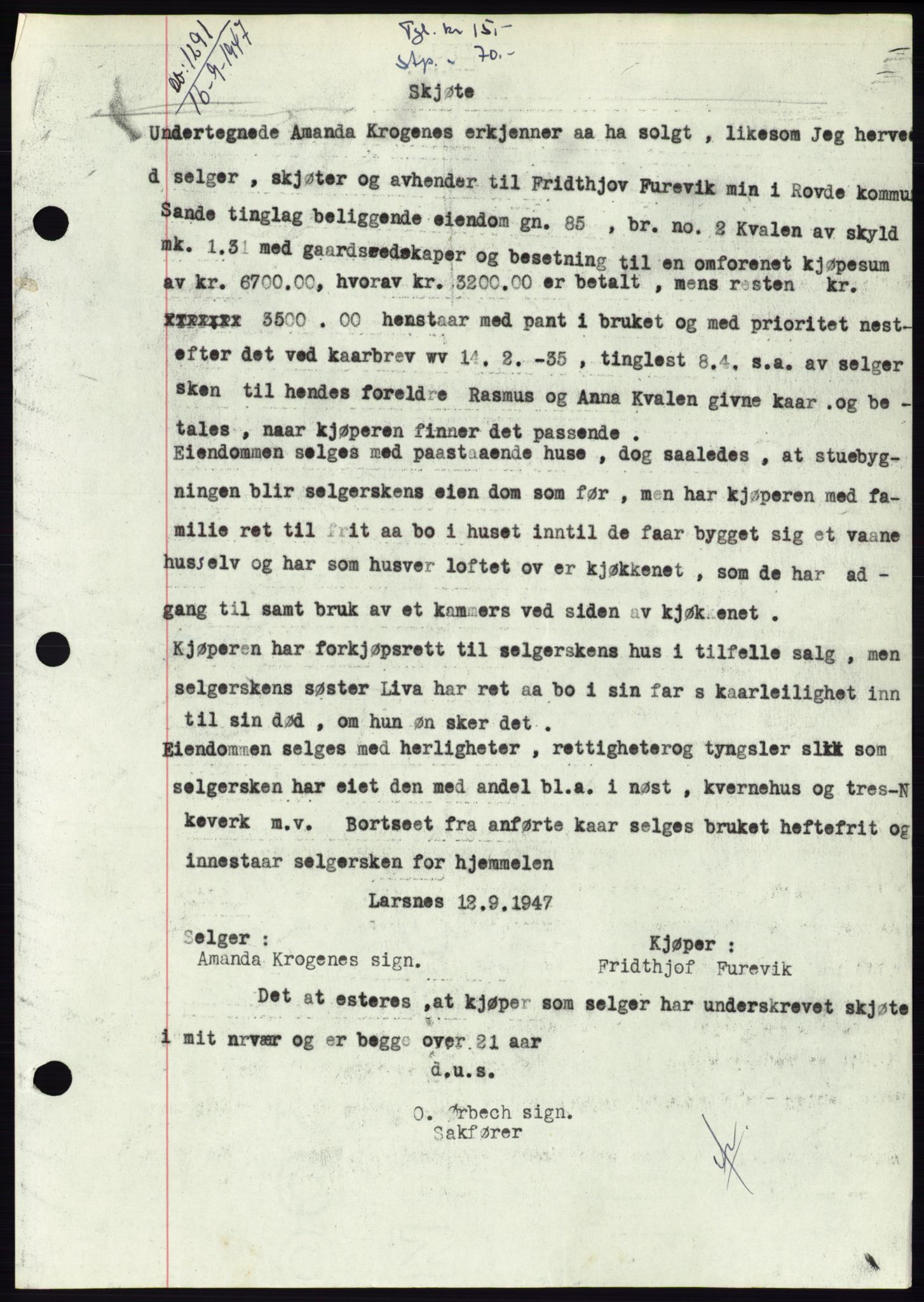 Søre Sunnmøre sorenskriveri, SAT/A-4122/1/2/2C/L0081: Pantebok nr. 7A, 1947-1948, Dagboknr: 1291/1947