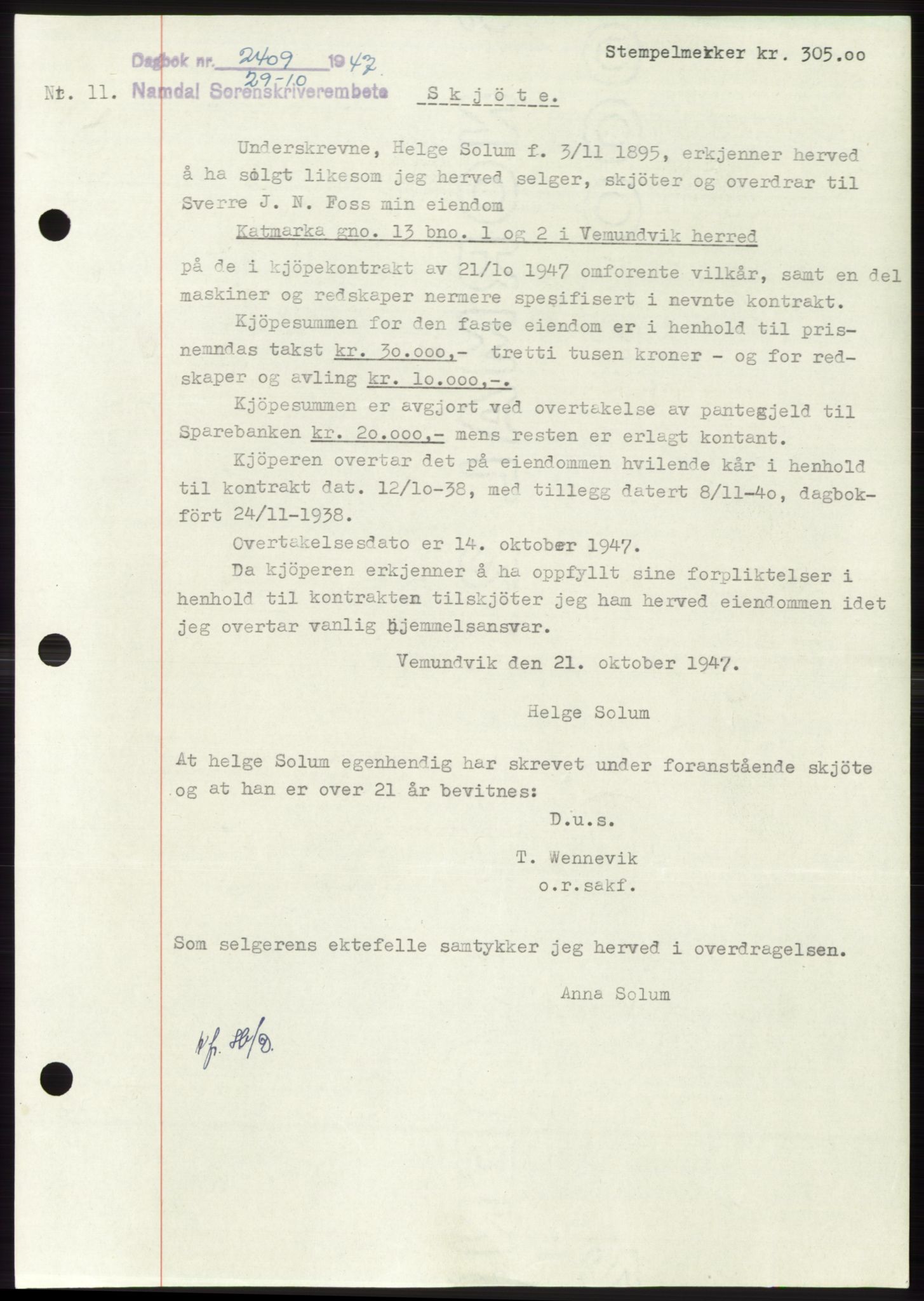 Namdal sorenskriveri, SAT/A-4133/1/2/2C: Pantebok nr. -, 1947-1947, Dagboknr: 2409/1947