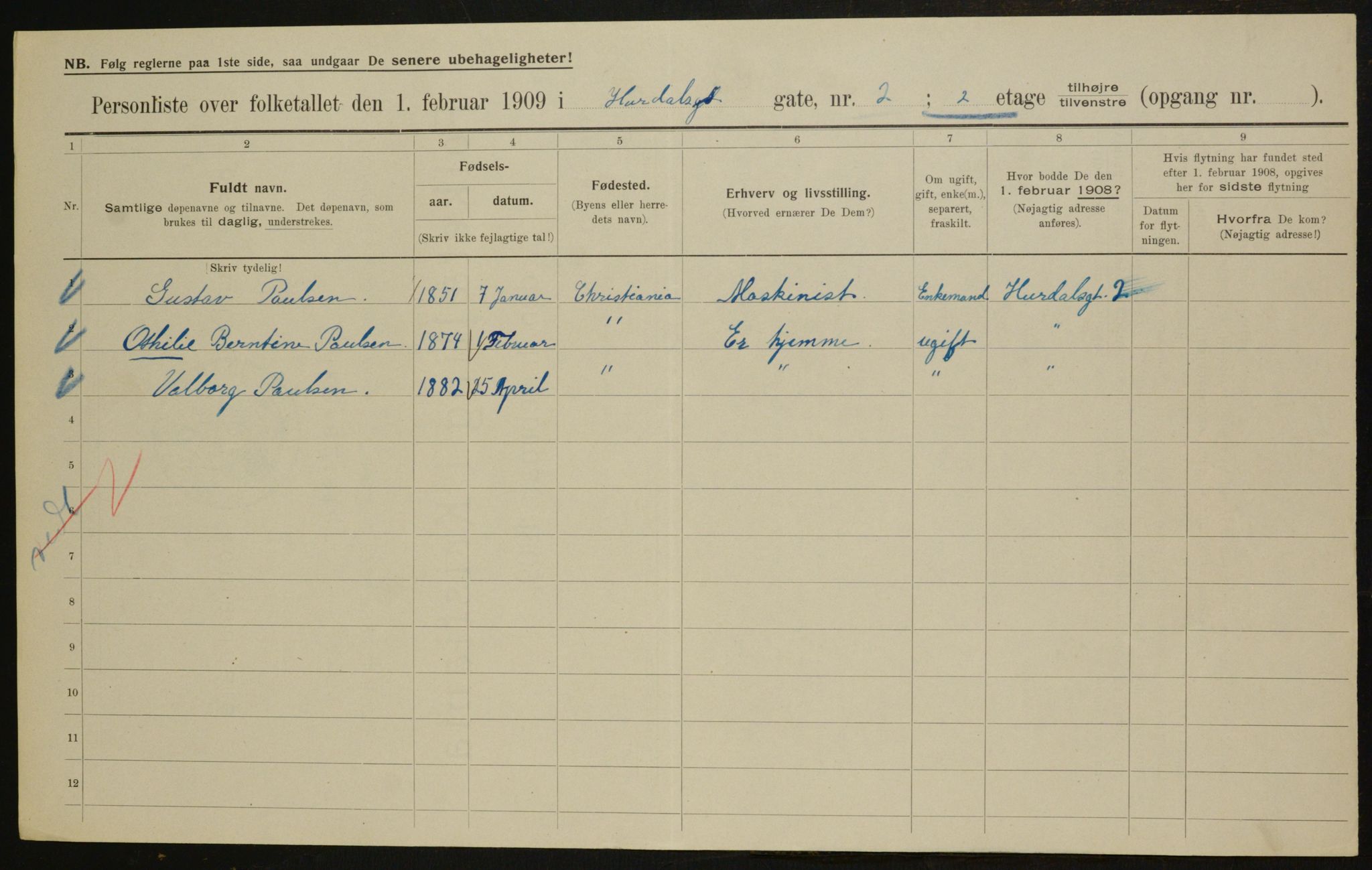 OBA, Kommunal folketelling 1.2.1909 for Kristiania kjøpstad, 1909, s. 38374