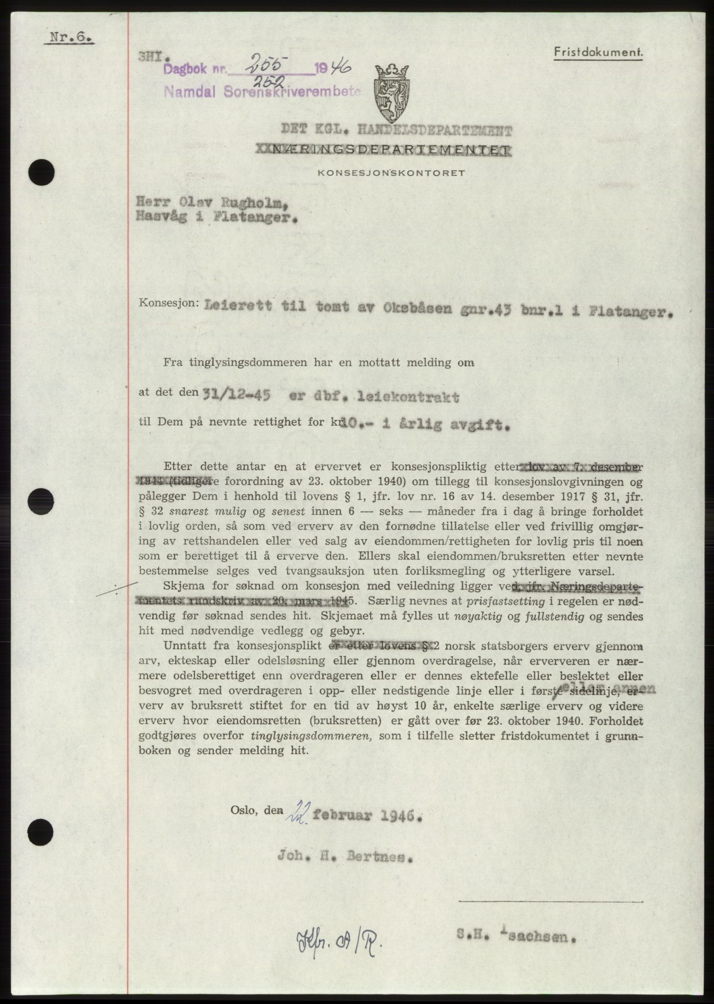 Namdal sorenskriveri, SAT/A-4133/1/2/2C: Pantebok nr. -, 1946-1946, Dagboknr: 255/1946
